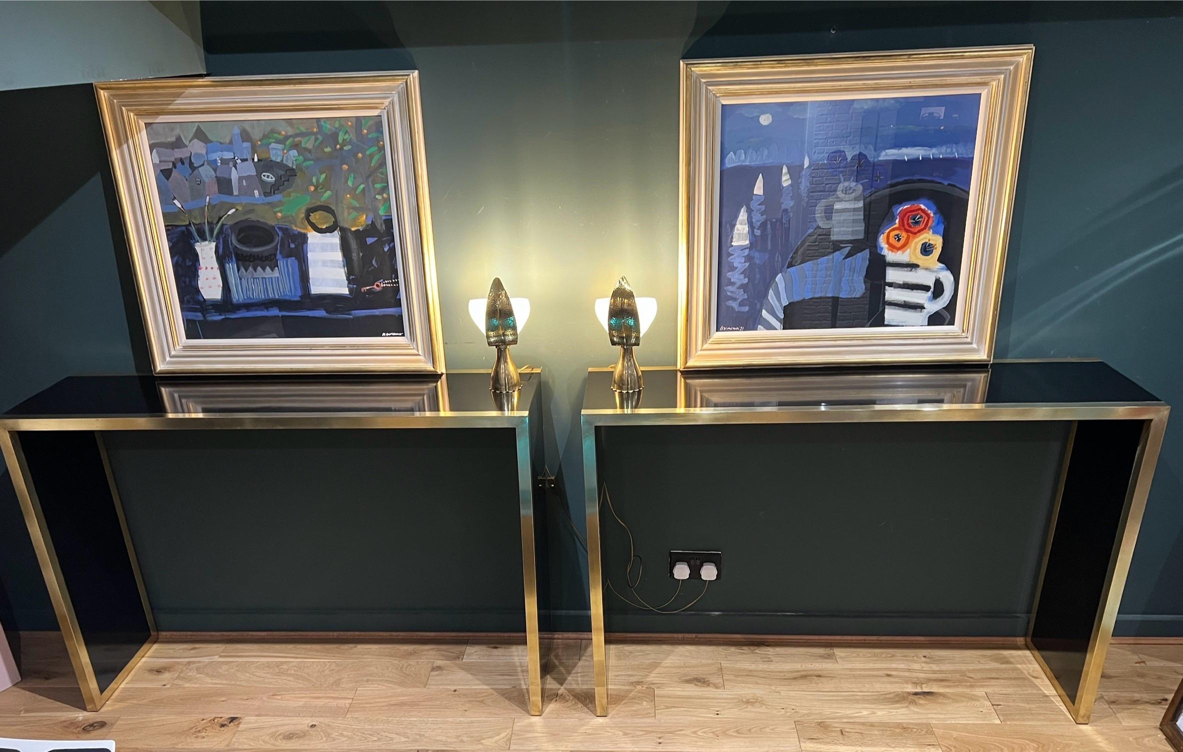 Brass Pair of Italian brass and black lacquer console tables