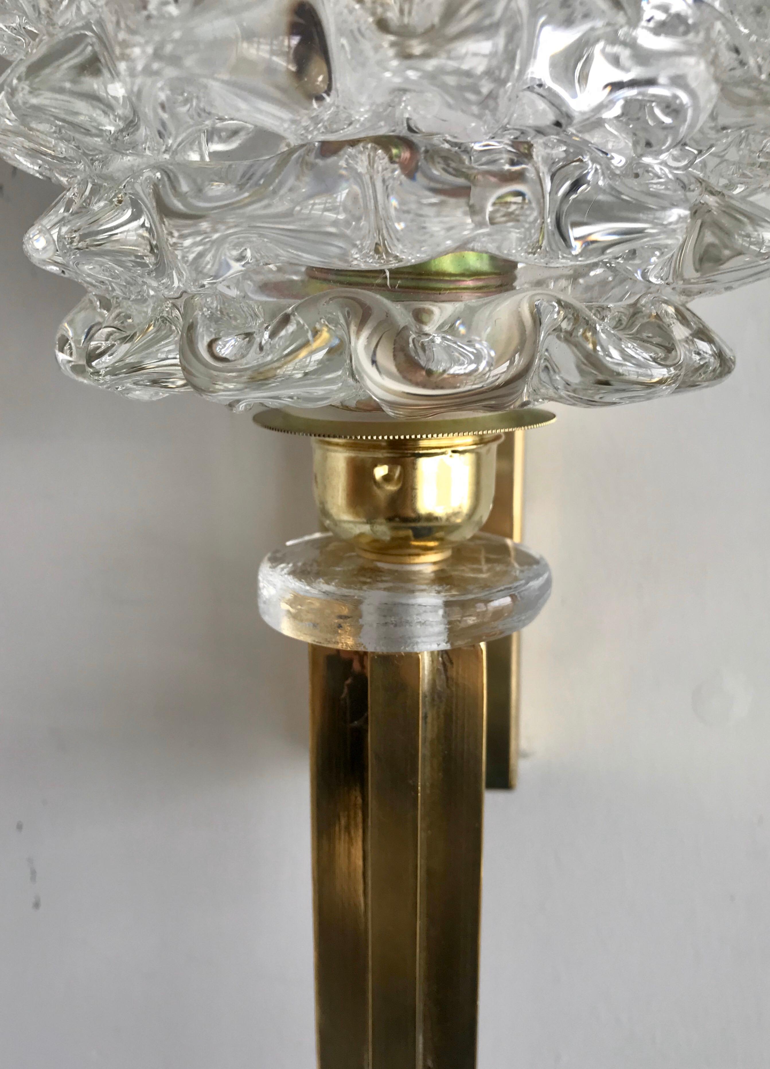 Mid-Century Modern Pair of Italian Brass and Blown Murano Glass Sconces For Sale