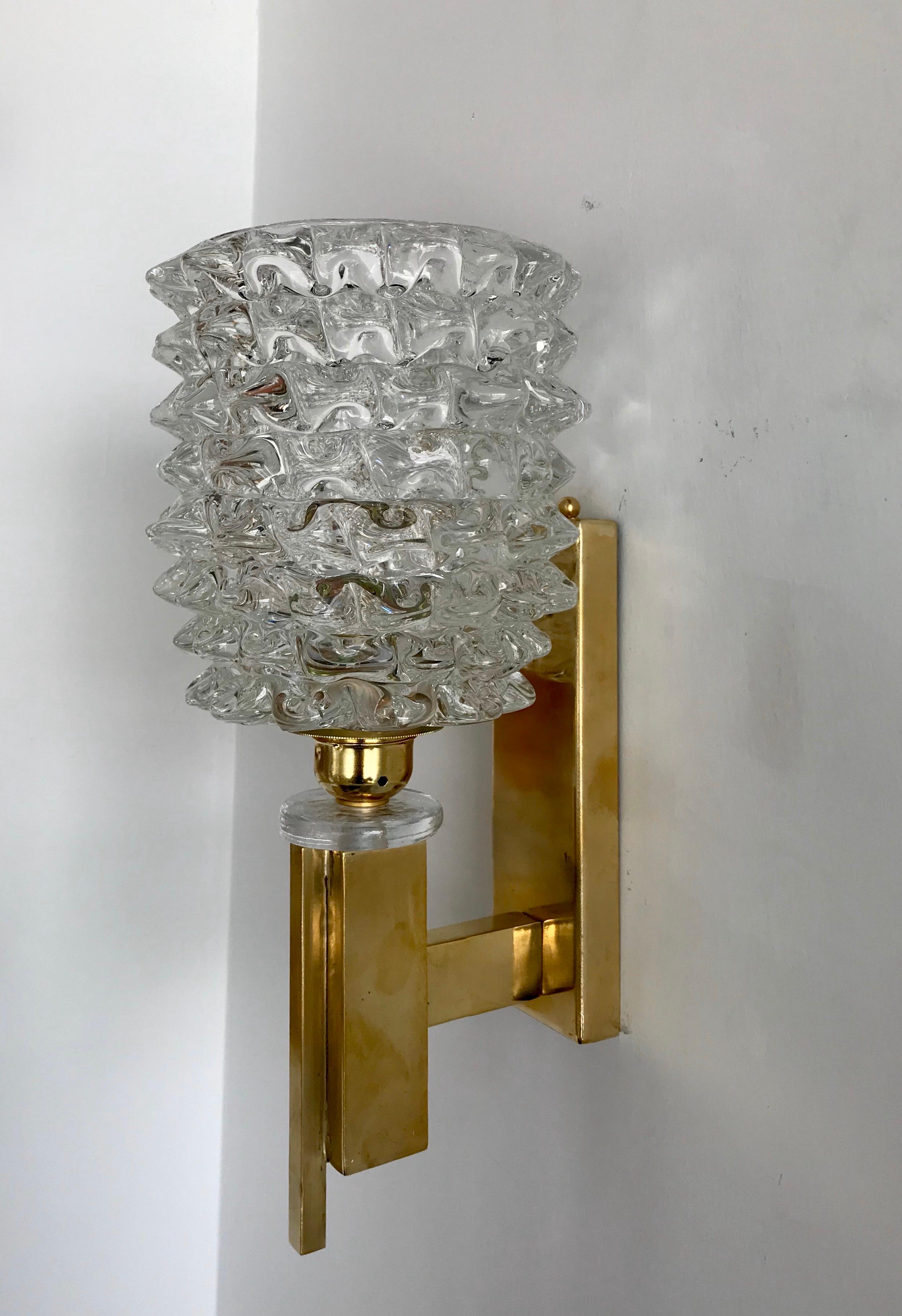 Pair of Italian Brass and Blown Murano Glass Sconces In Good Condition For Sale In Miami, FL