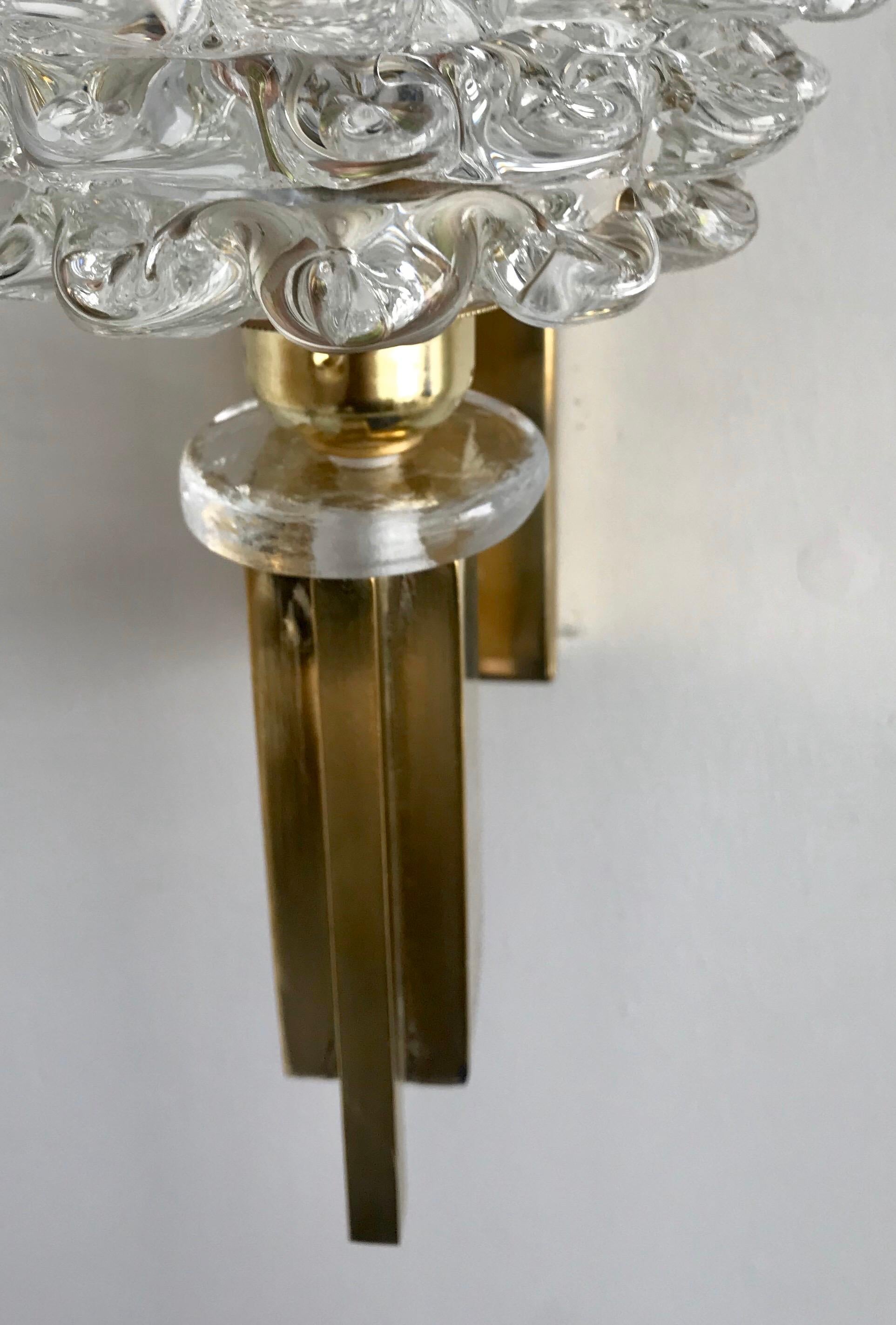 Pair of Italian Brass and Blown Murano Glass Sconces For Sale 1