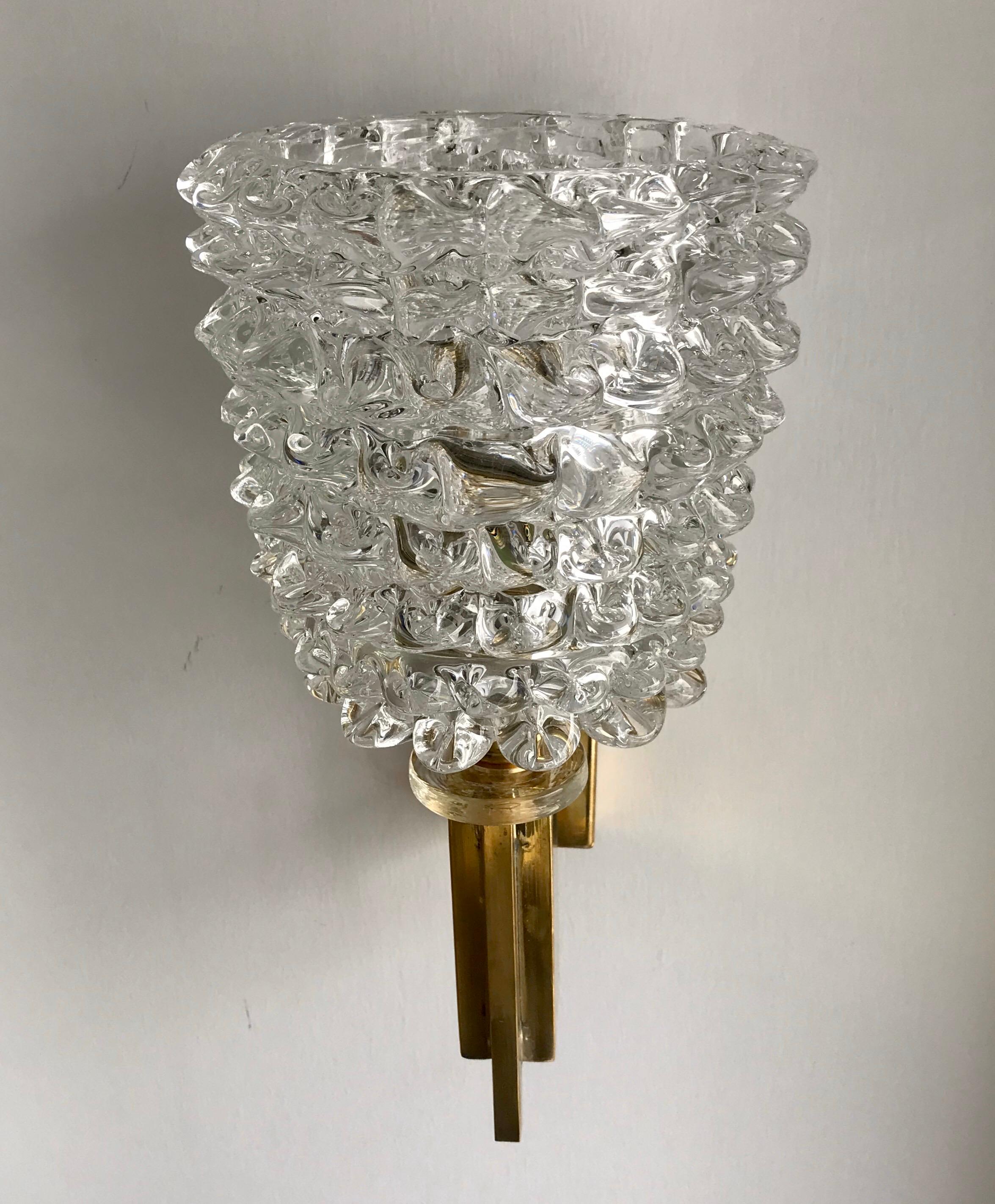 Pair of Italian Brass and Blown Murano Glass Sconces For Sale 2