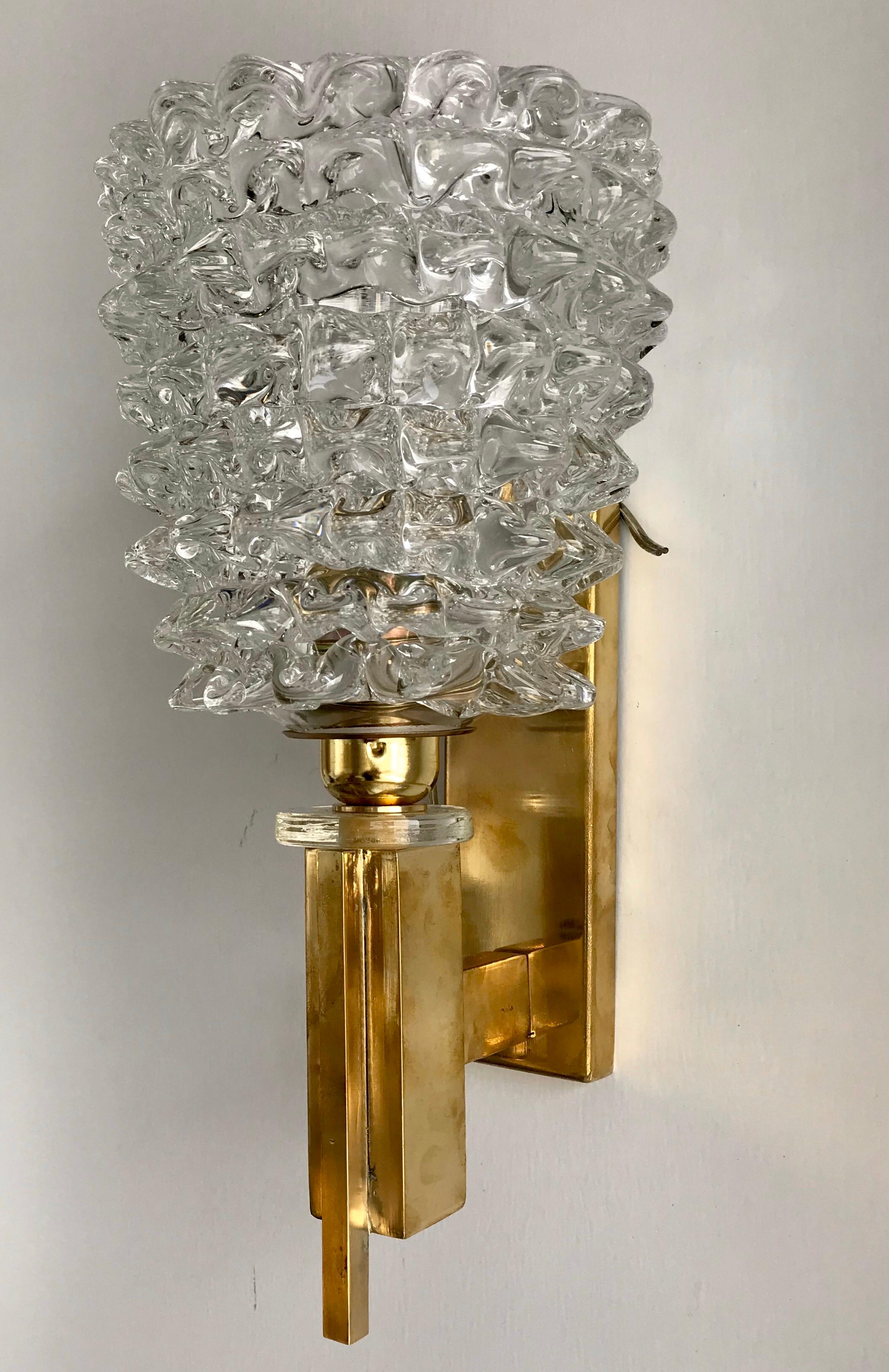 Pair of Italian Brass and Blown Murano Glass Sconces For Sale 3