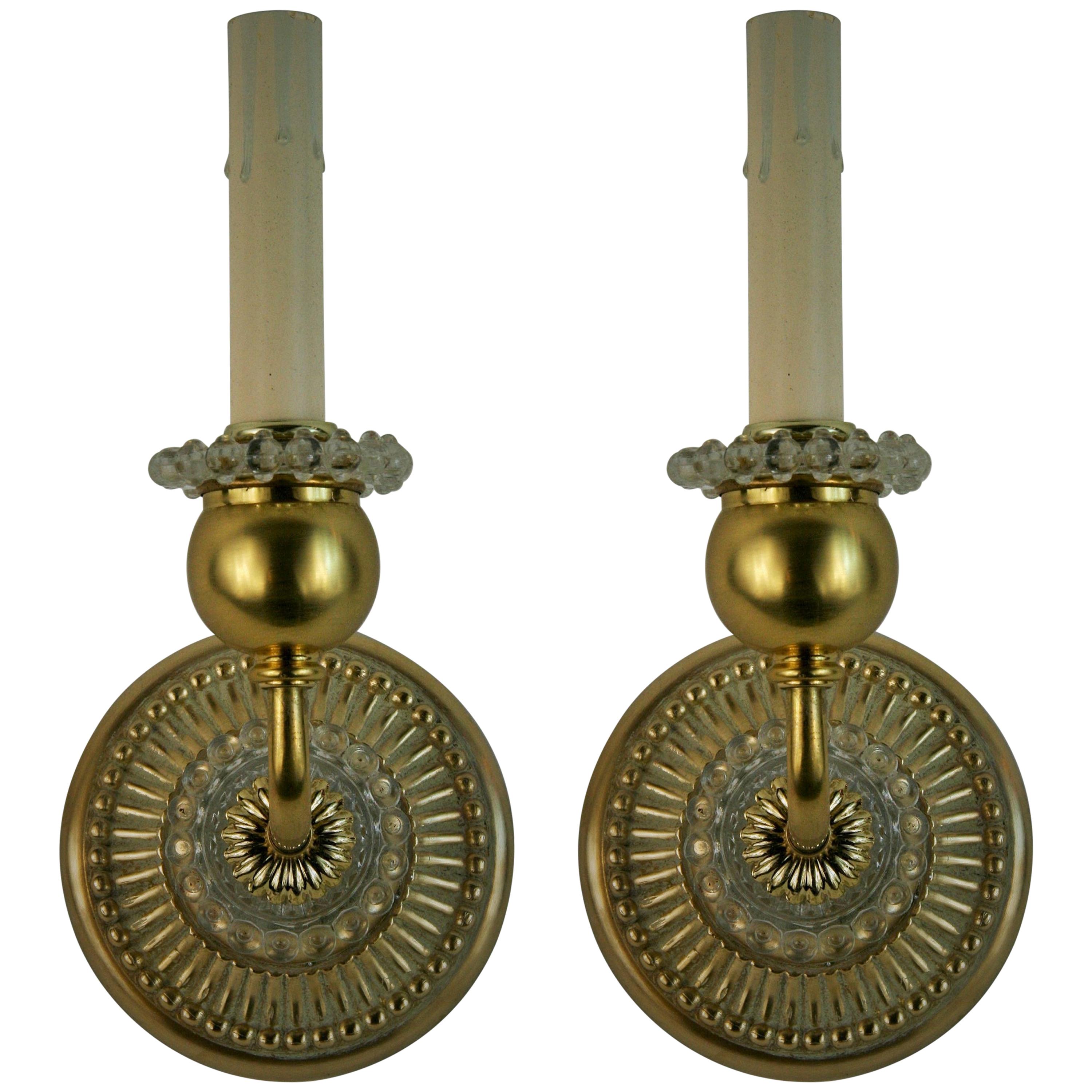 Pair of Italian Mid Century Brass and Bubble Glass Single Light Sconces