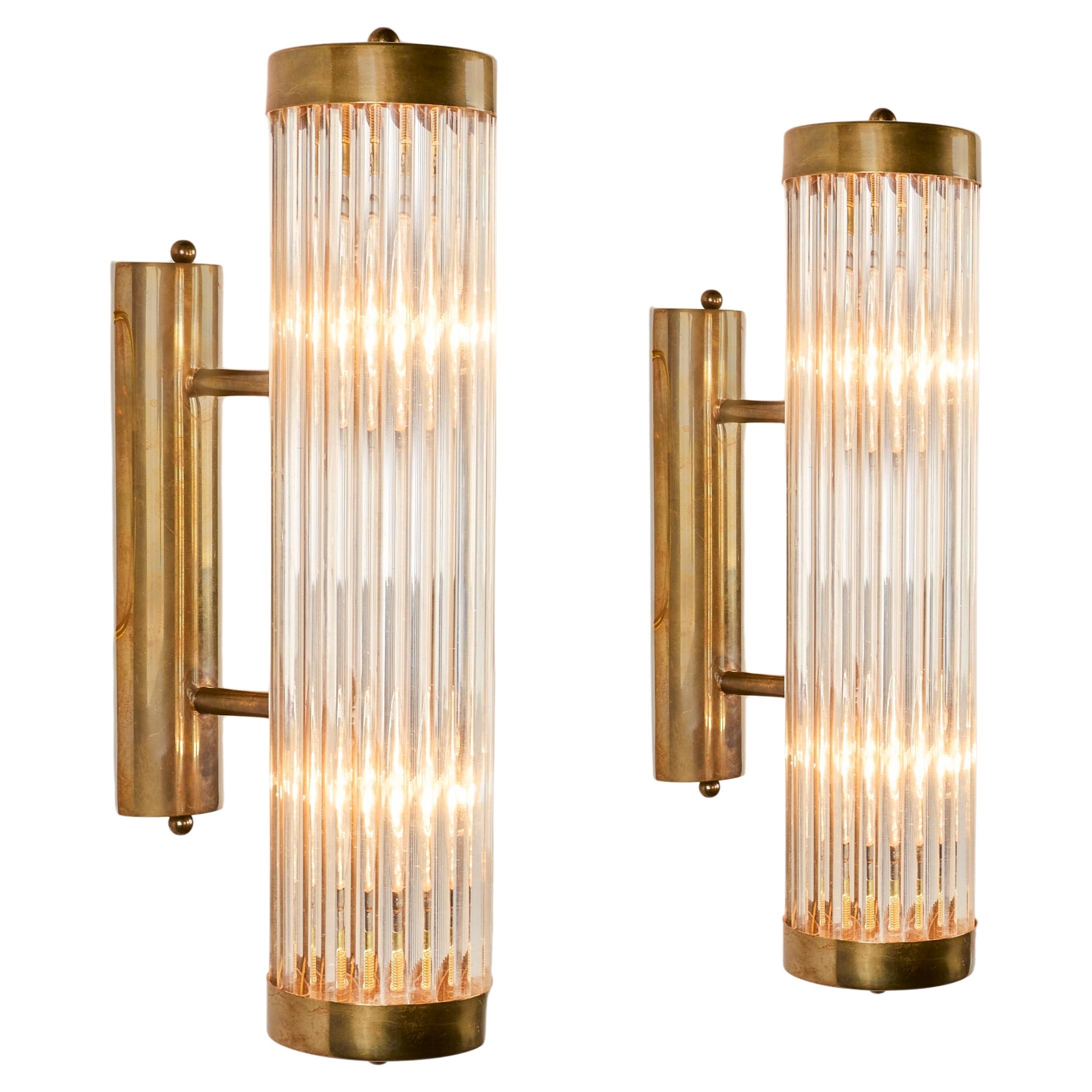 Pair of Italian Brass And Glass Arm Wall Lights, Art Deco in the style of Venini