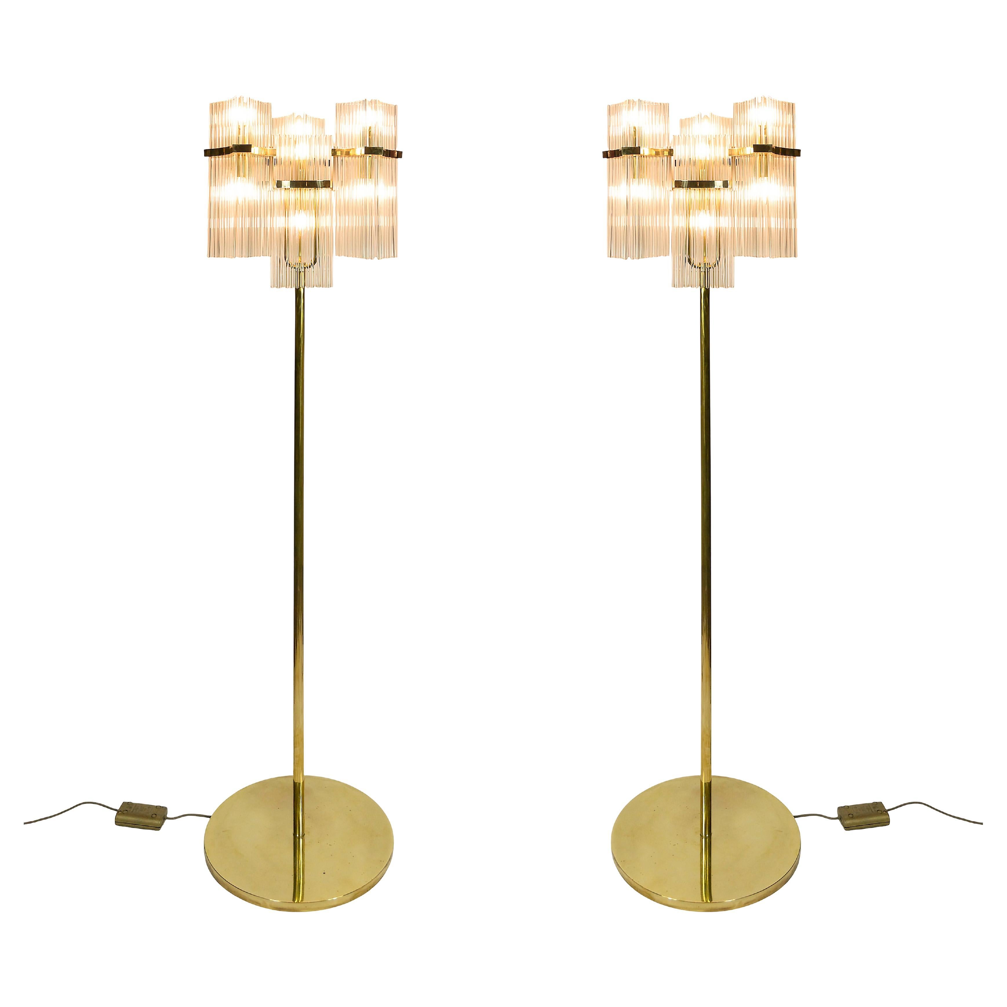 Pair of Italian Brass and Glass Floor Lamps by Gaetano Sciolari, 1970
s