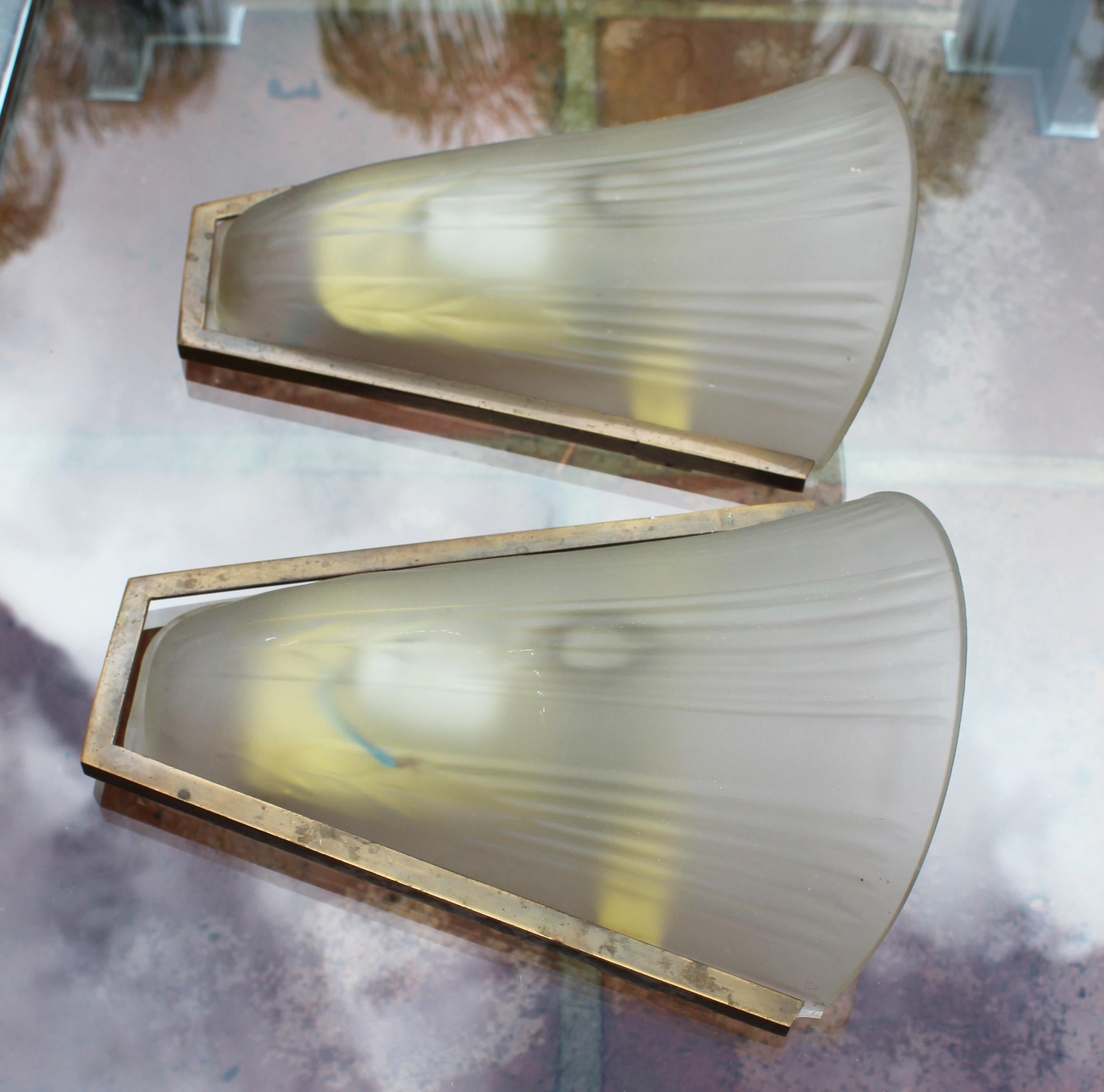 20th Century Pair of Italian Brass and Glass Wall Lamps, 1950s