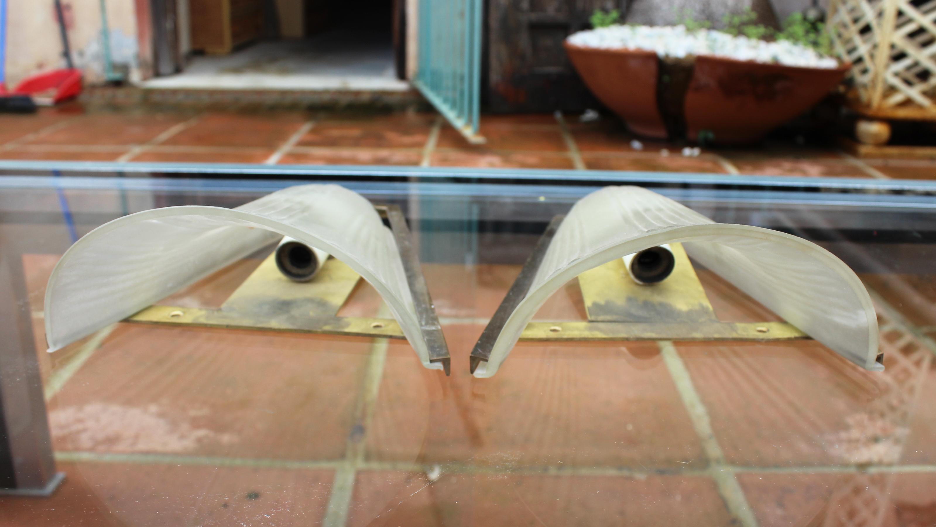 Bronze Pair of Italian Brass and Glass Wall Lamps, 1950s