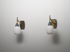 Pair of Italian Brass and Grey-Lacquered Wall Sconces with Opaline Glass Shades