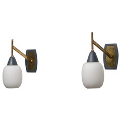 Pair of Italian Brass and Grey-Lacquered Wall Sconces with Opaline Glass Shades
