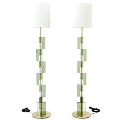 Vintage Pair of Italian Brass and Hand Blown Murano Glass Floor Lamps 1980s
