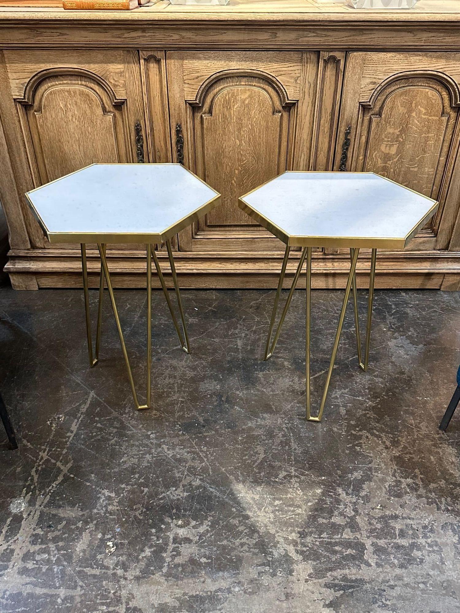 Pair of modern Italian brass and marble hex form side tables, circa 2000. A favorite of top designers!
