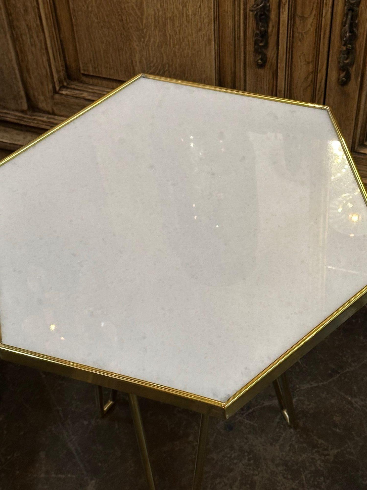 Contemporary Pair of Italian Brass and Marble Hex Form Tables For Sale