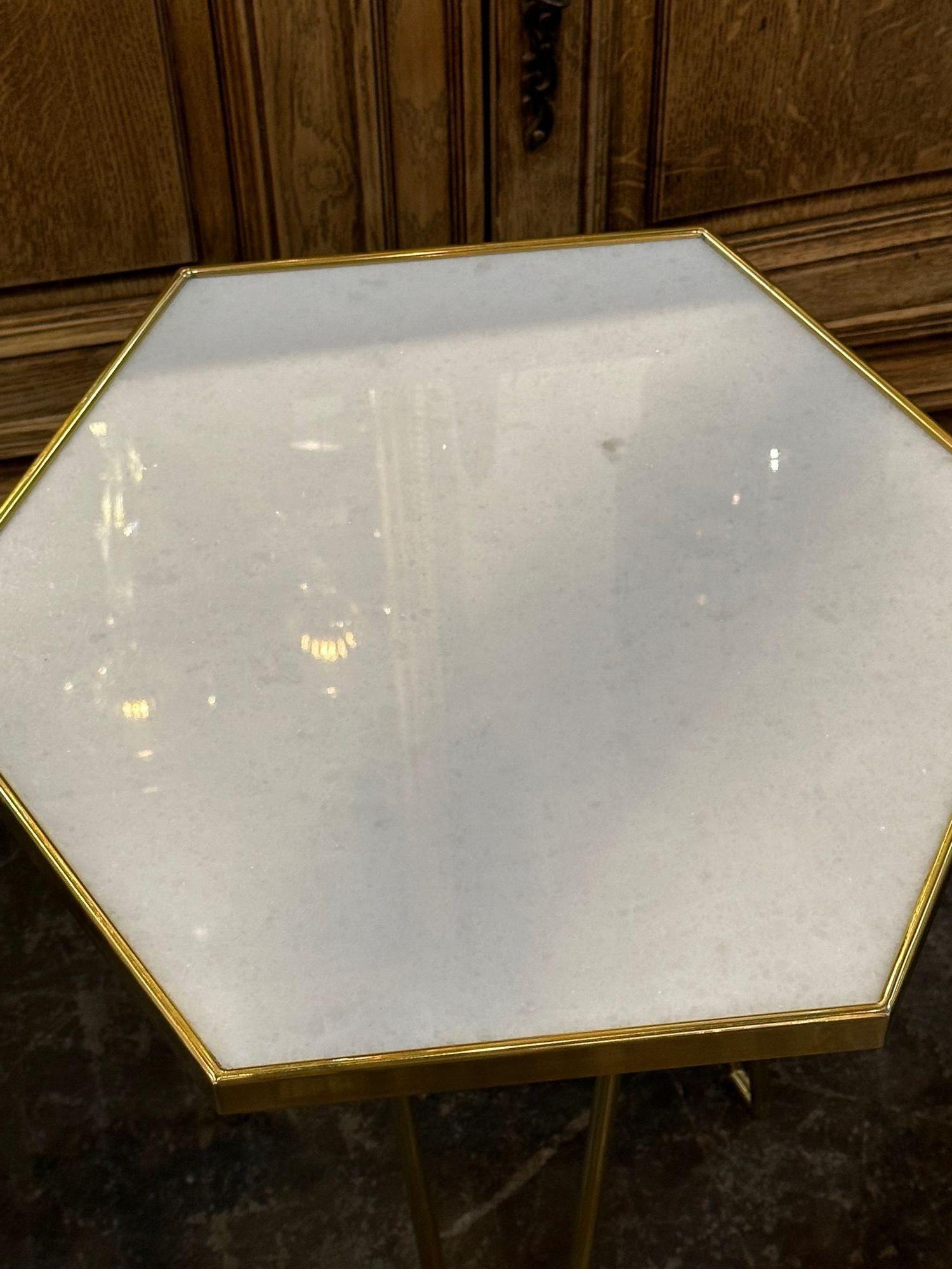 Pair of Italian Brass and Marble Hex Form Tables For Sale 1
