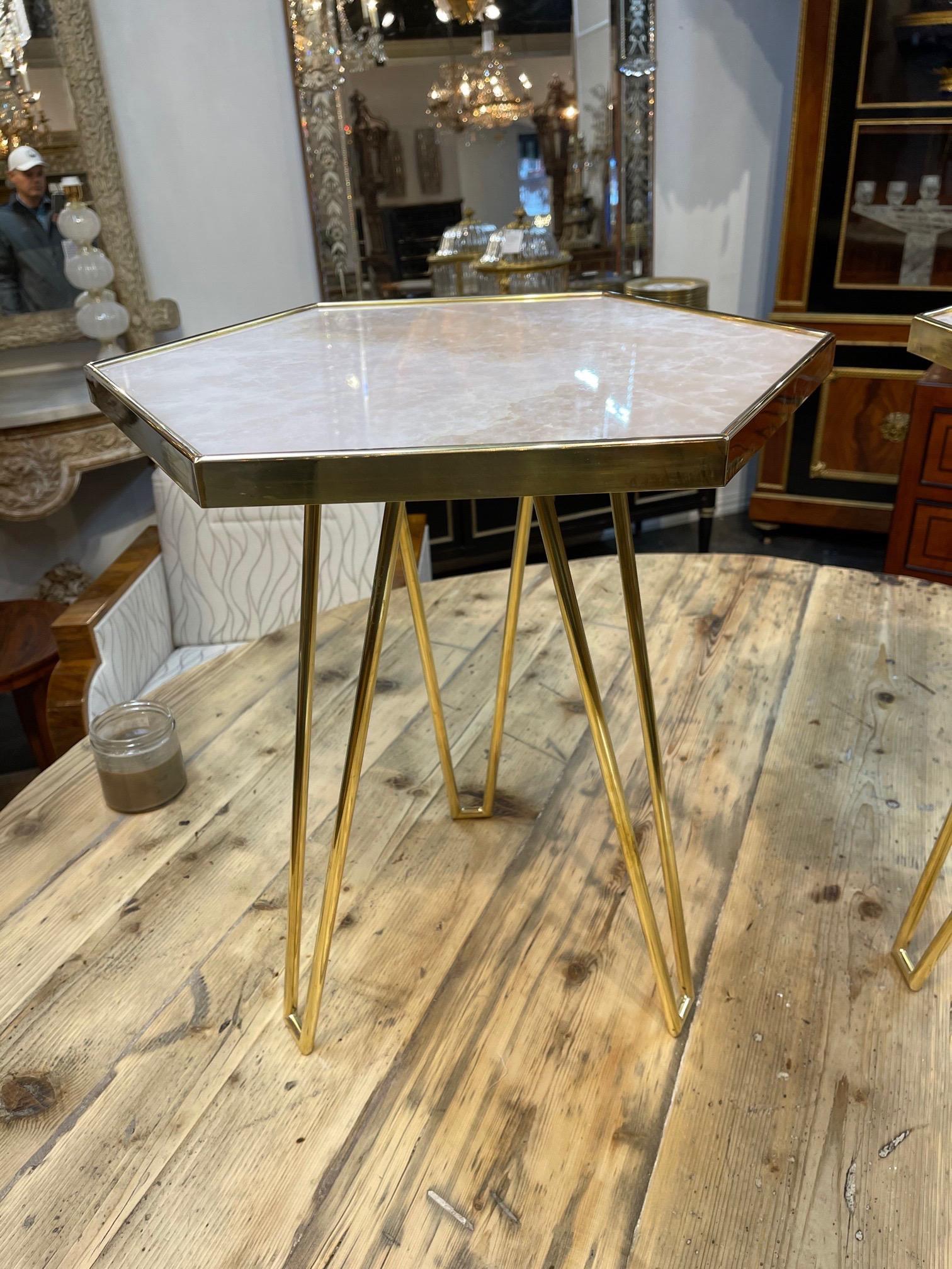 Exquisite pair of Italian brass and onyx hex form side tables. Very fine quality. Creates a  high end look!