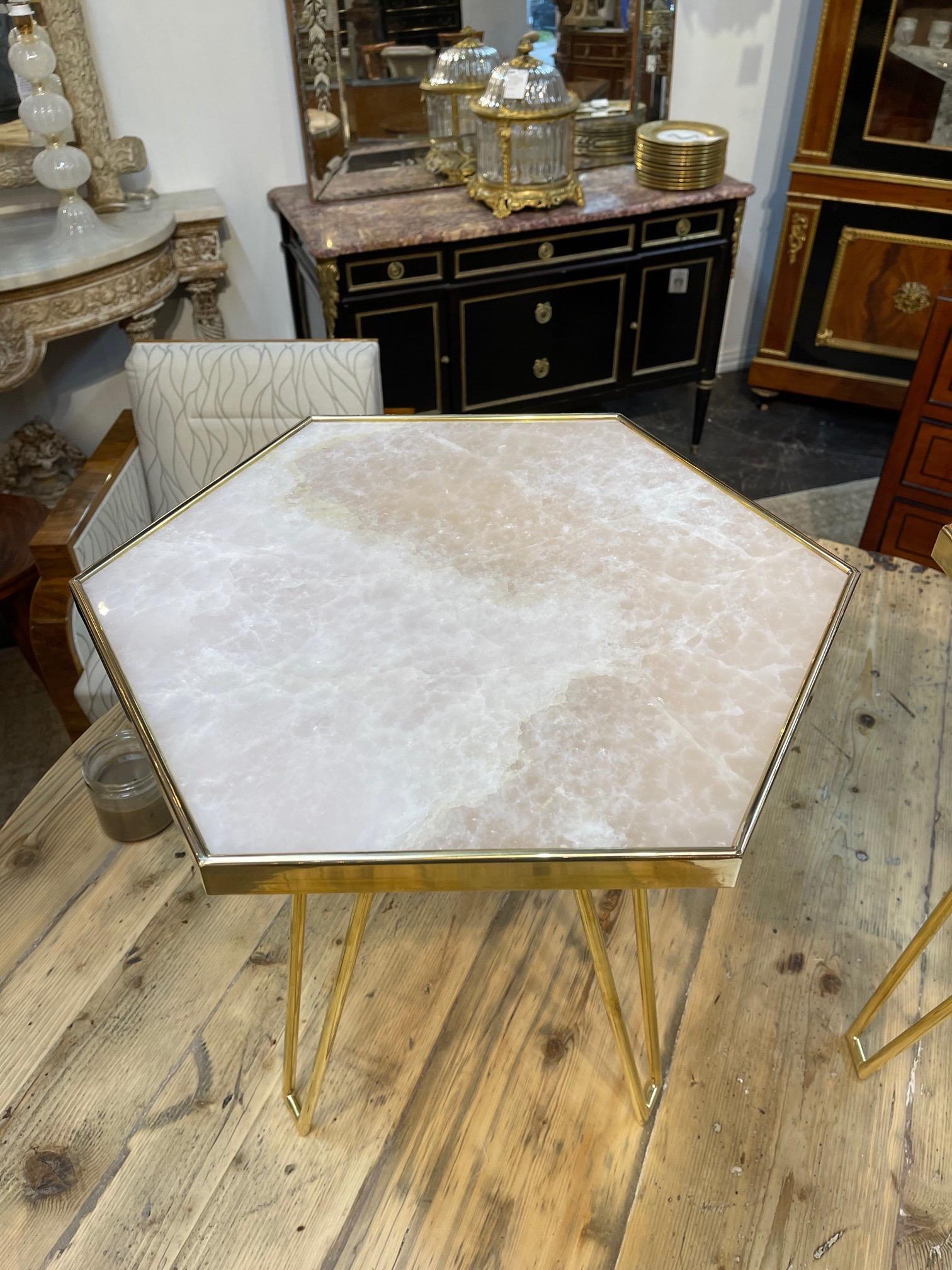 Pair of Italian Brass and Onyx Hex Form Side Tables In Good Condition In Dallas, TX