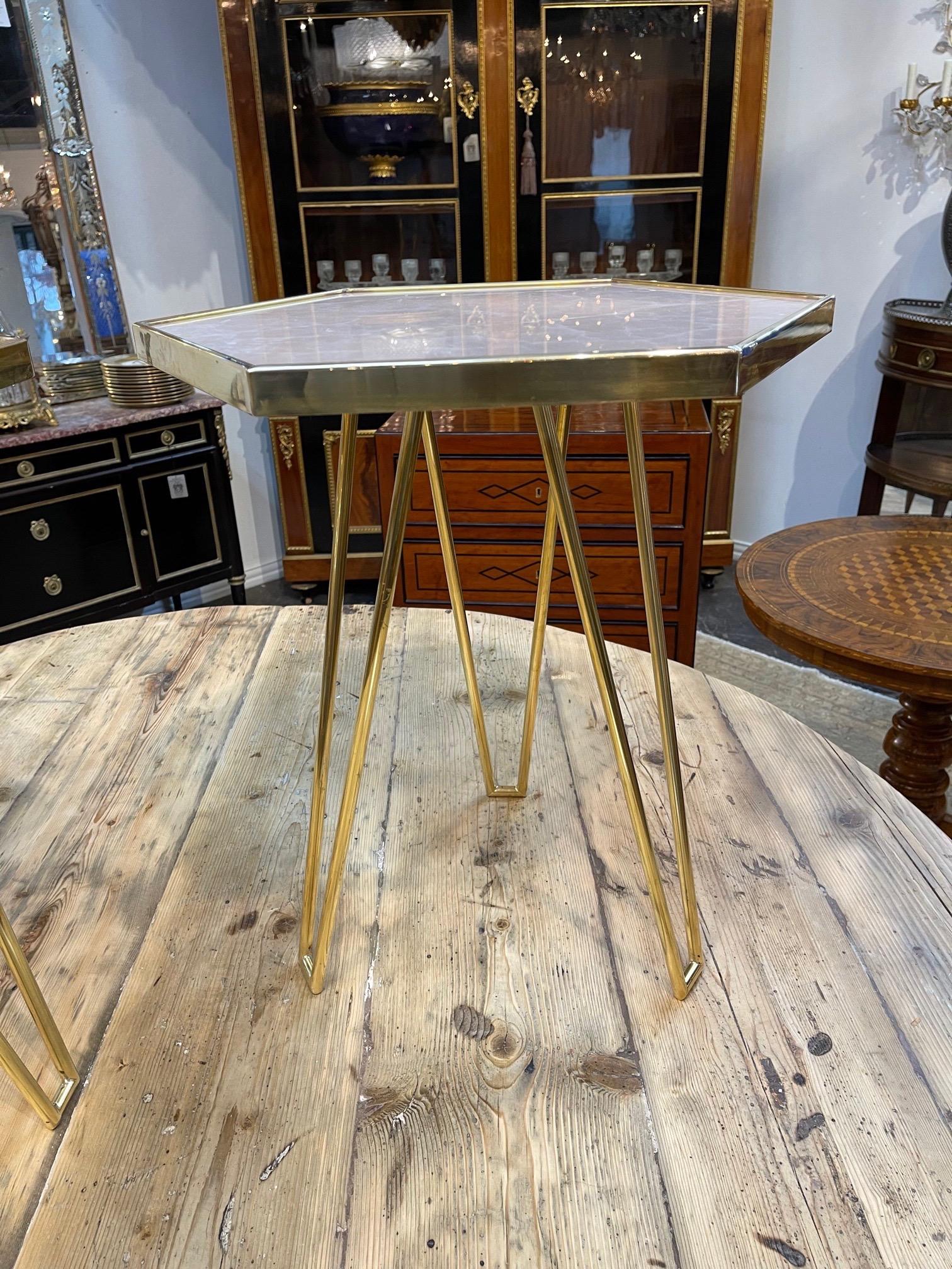 Contemporary Pair of Italian Brass and Onyx Hex Form Side Tables