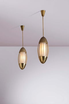 Pair of Italian Brass and Opaline Glass Pendants, Spindle Form, 1950s
