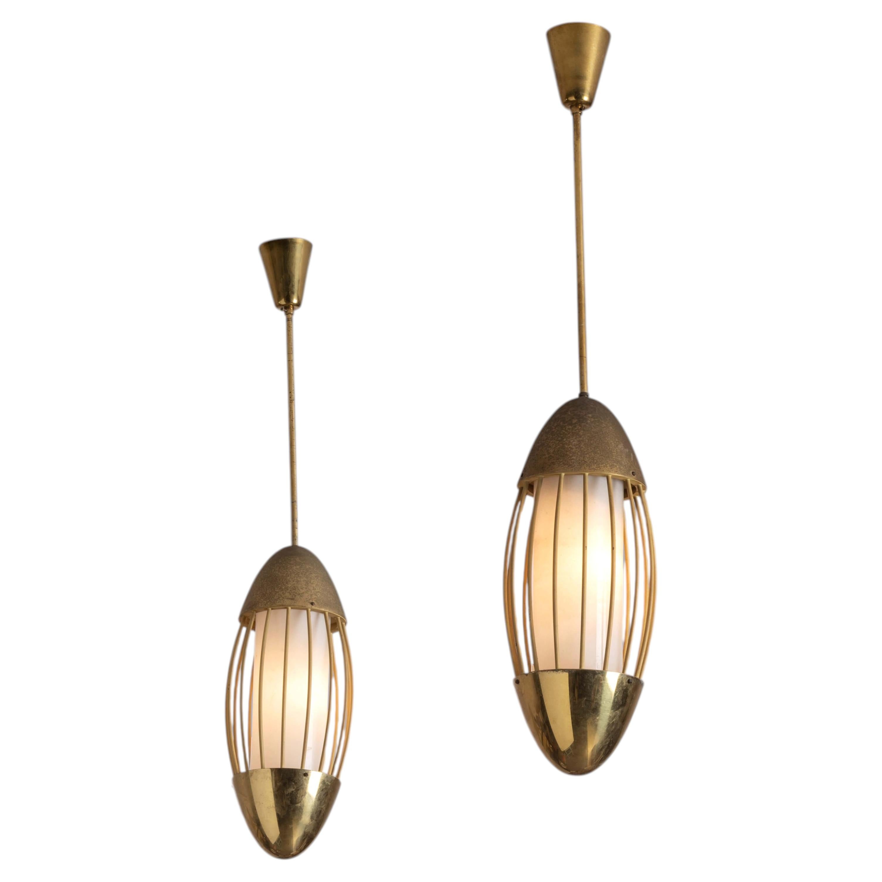 Pair of Italian Brass and Opaline Glass Pendants, Spindle Form, 1950s For Sale