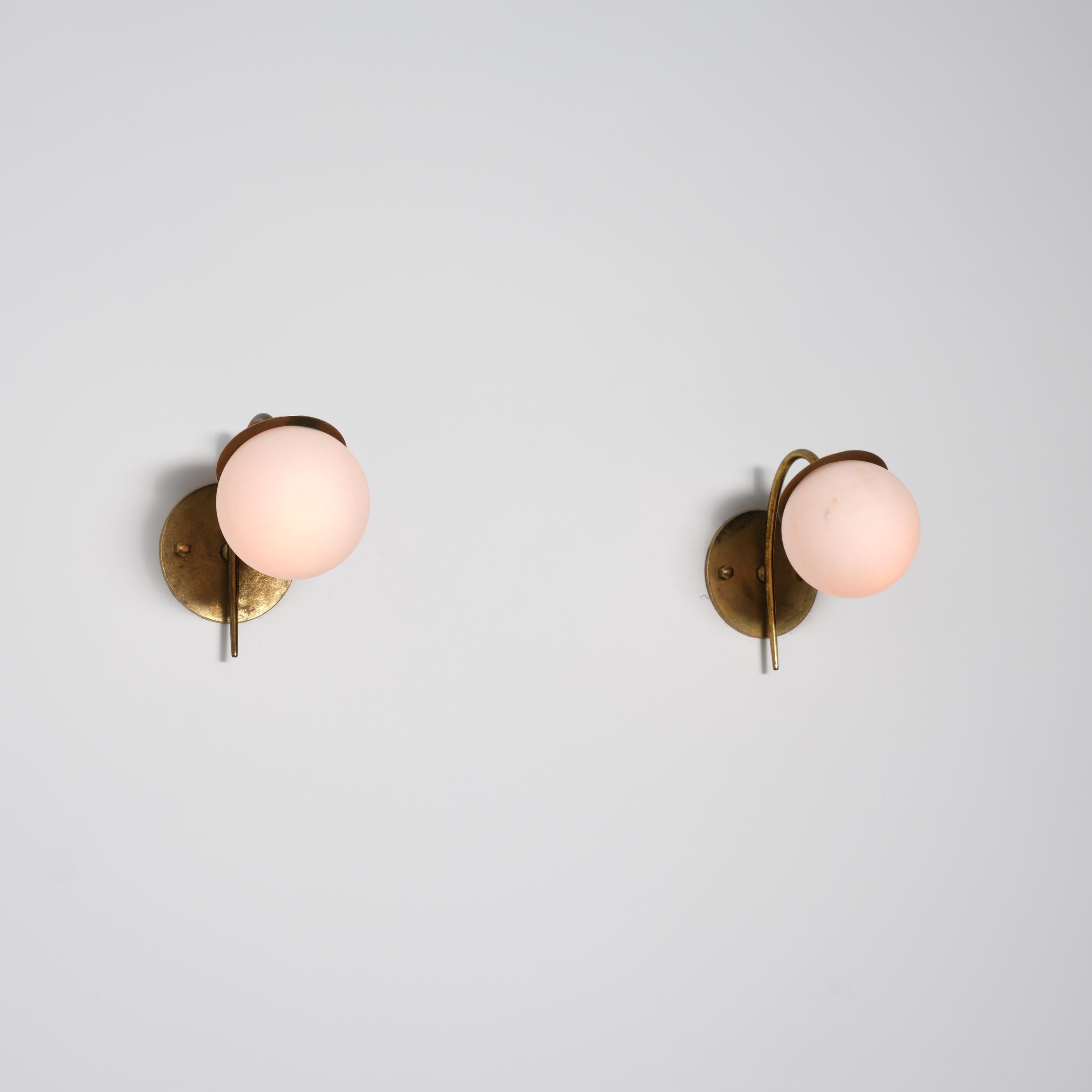 Pair of Italian Brass and Opaline Glass Wall Sconces, 1950s For Sale 5