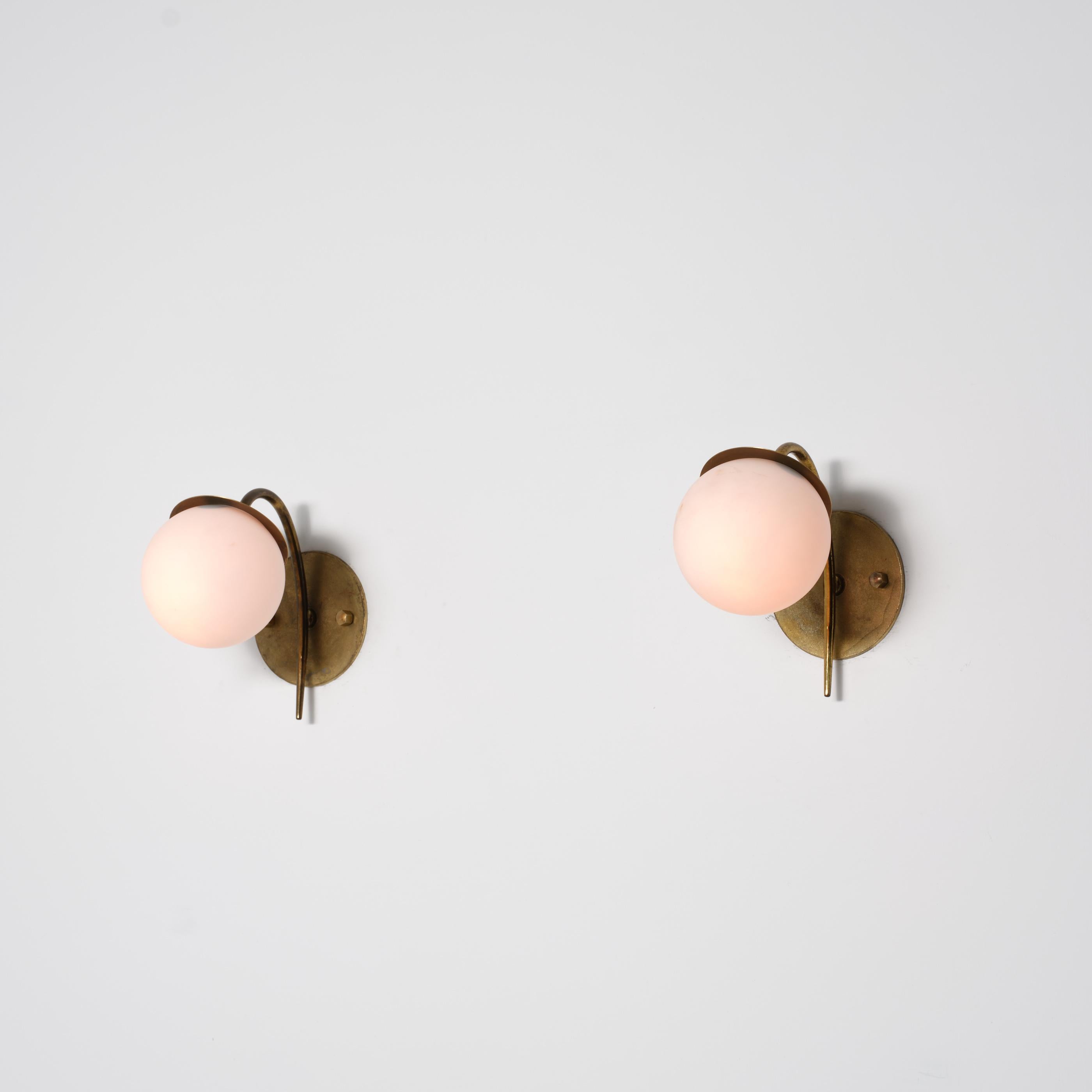 Mid-Century Modern Pair of Italian Brass and Opaline Glass Wall Sconces, 1950s For Sale