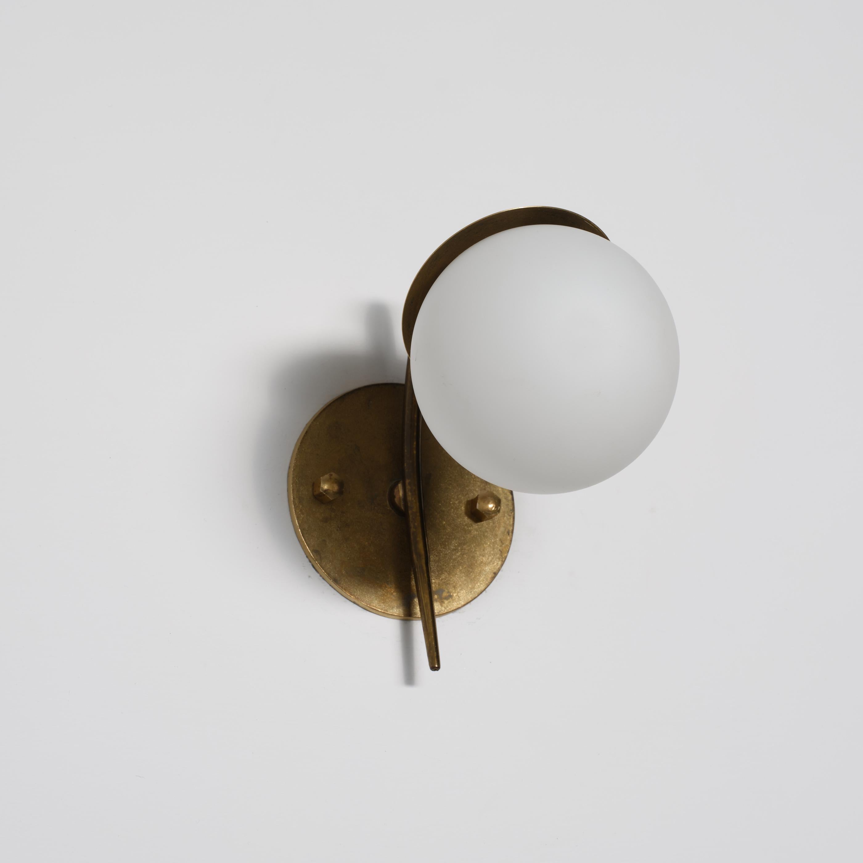 Mid-20th Century Pair of Italian Brass and Opaline Glass Wall Sconces, 1950s For Sale