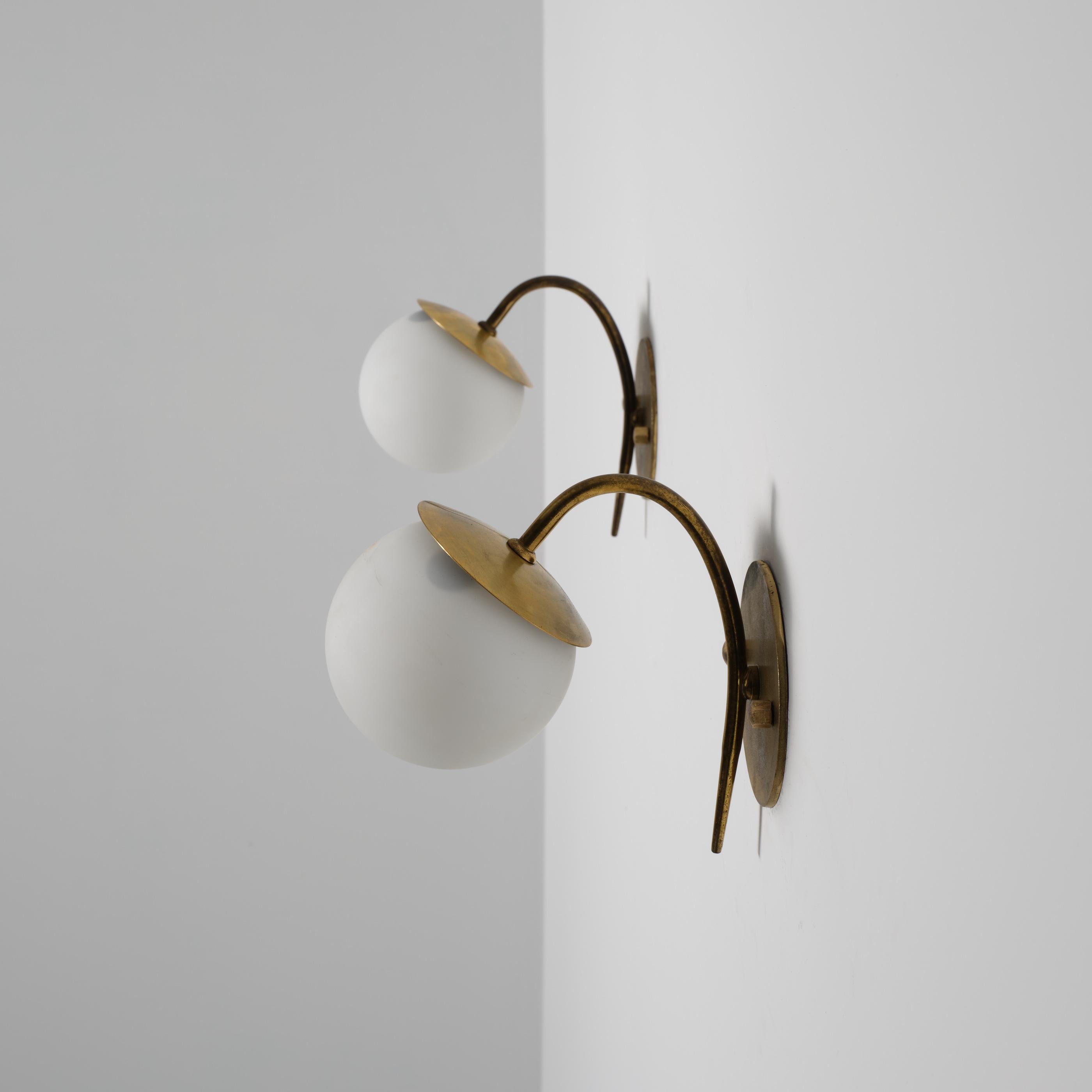 Pair of Italian Brass and Opaline Glass Wall Sconces, 1950s For Sale 2
