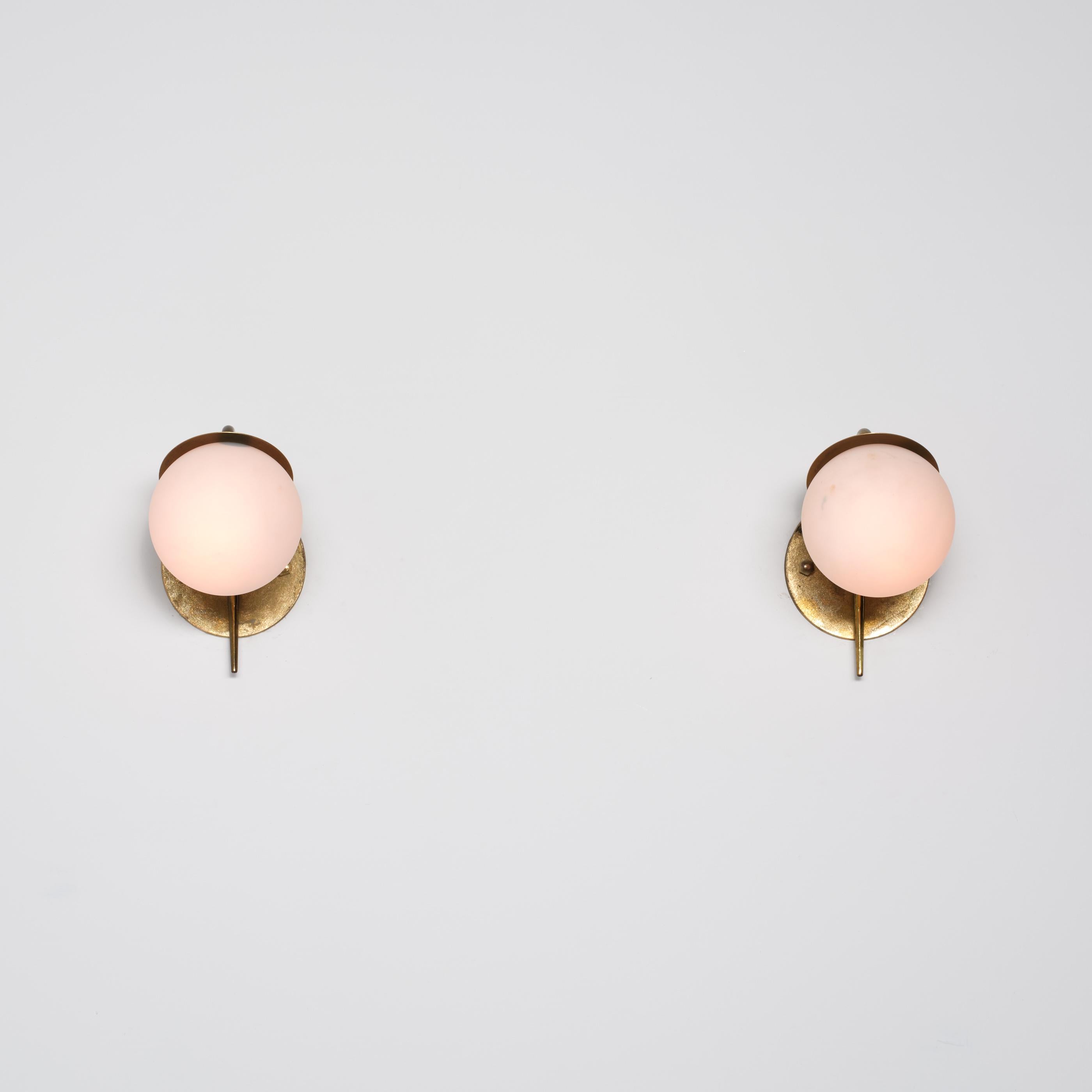 Pair of Italian Brass and Opaline Glass Wall Sconces, 1950s For Sale 3