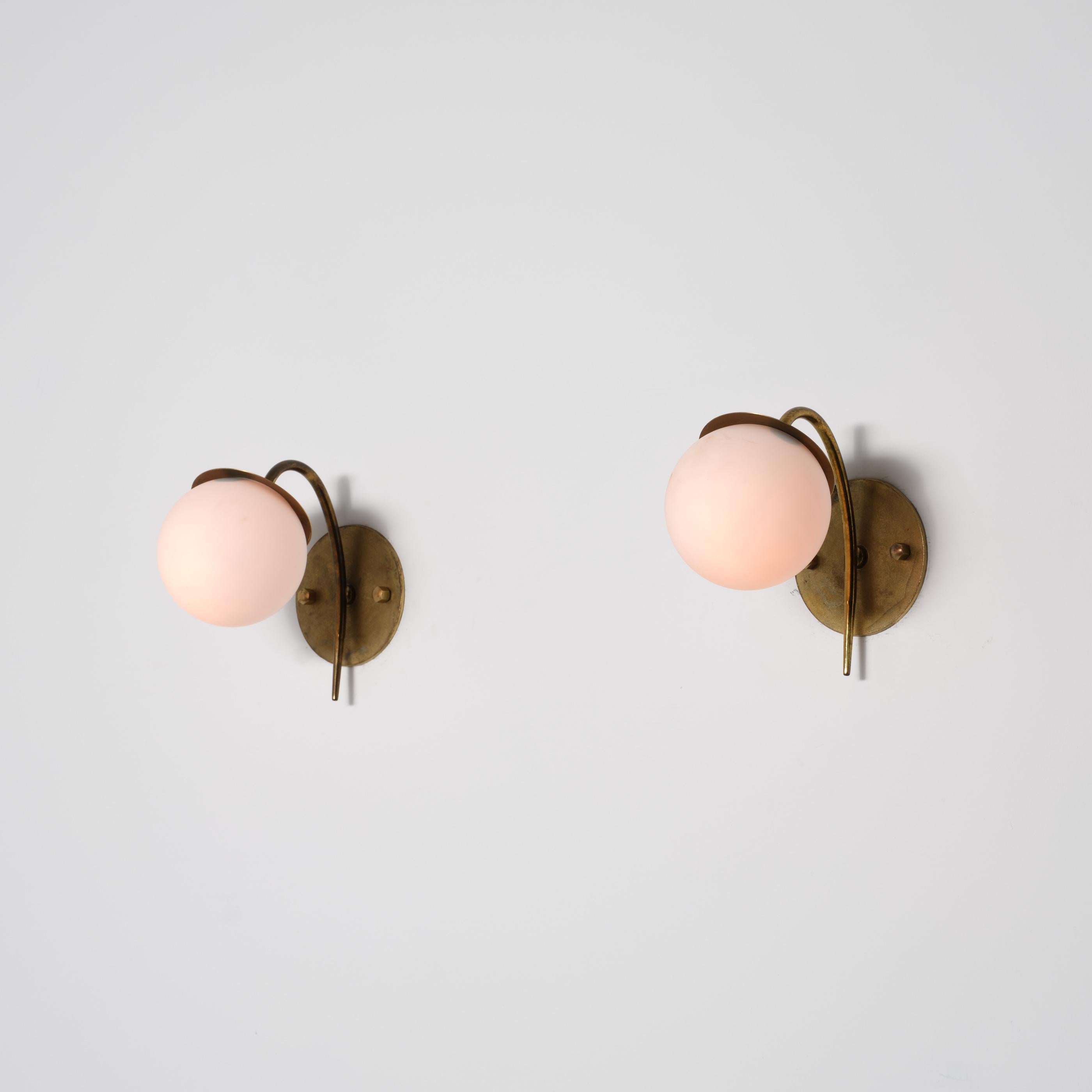 Pair of Italian Brass and Opaline Glass Wall Sconces, 1950s For Sale 4