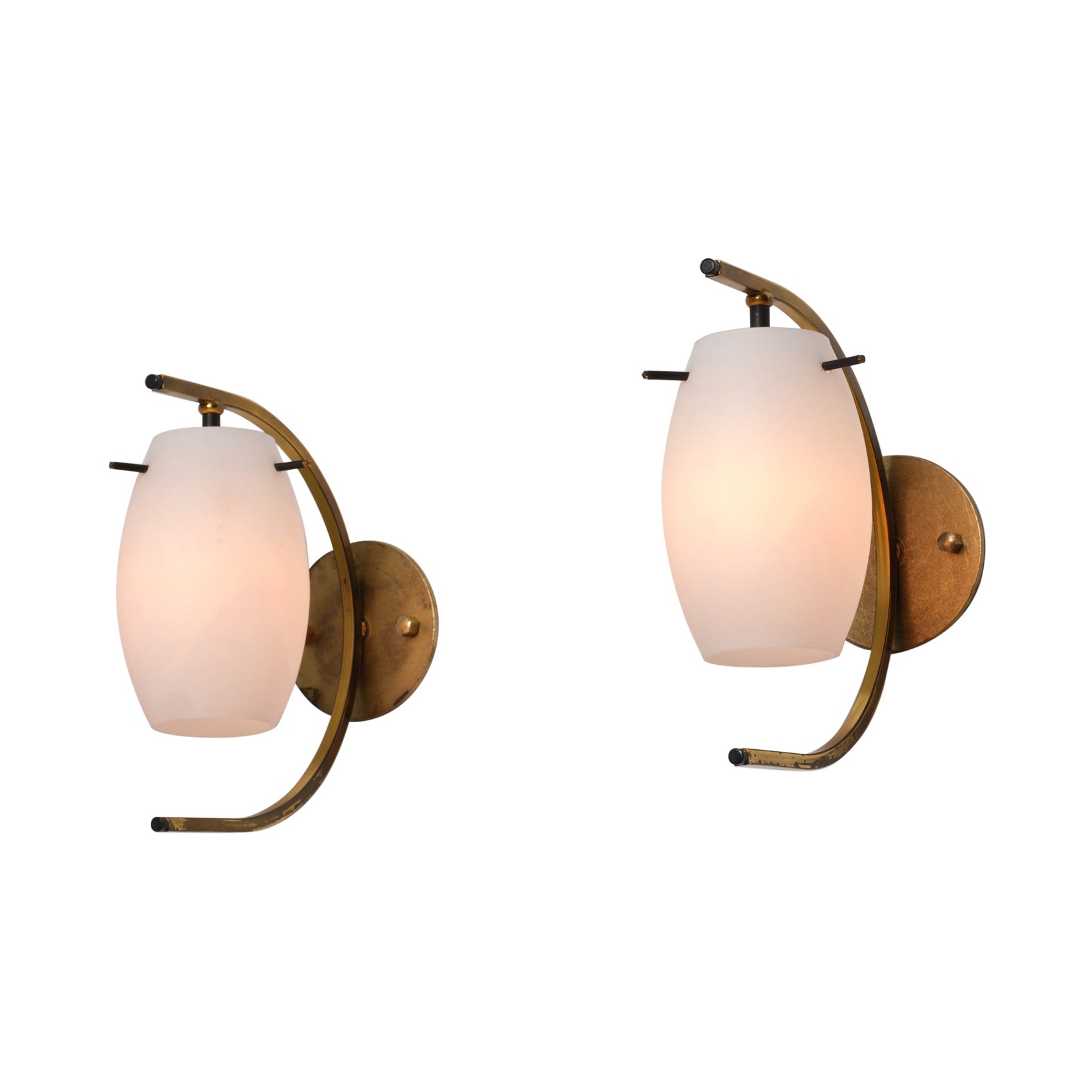 Pair of Italian Brass and Opaline Glass Wall Sconces, 1950s