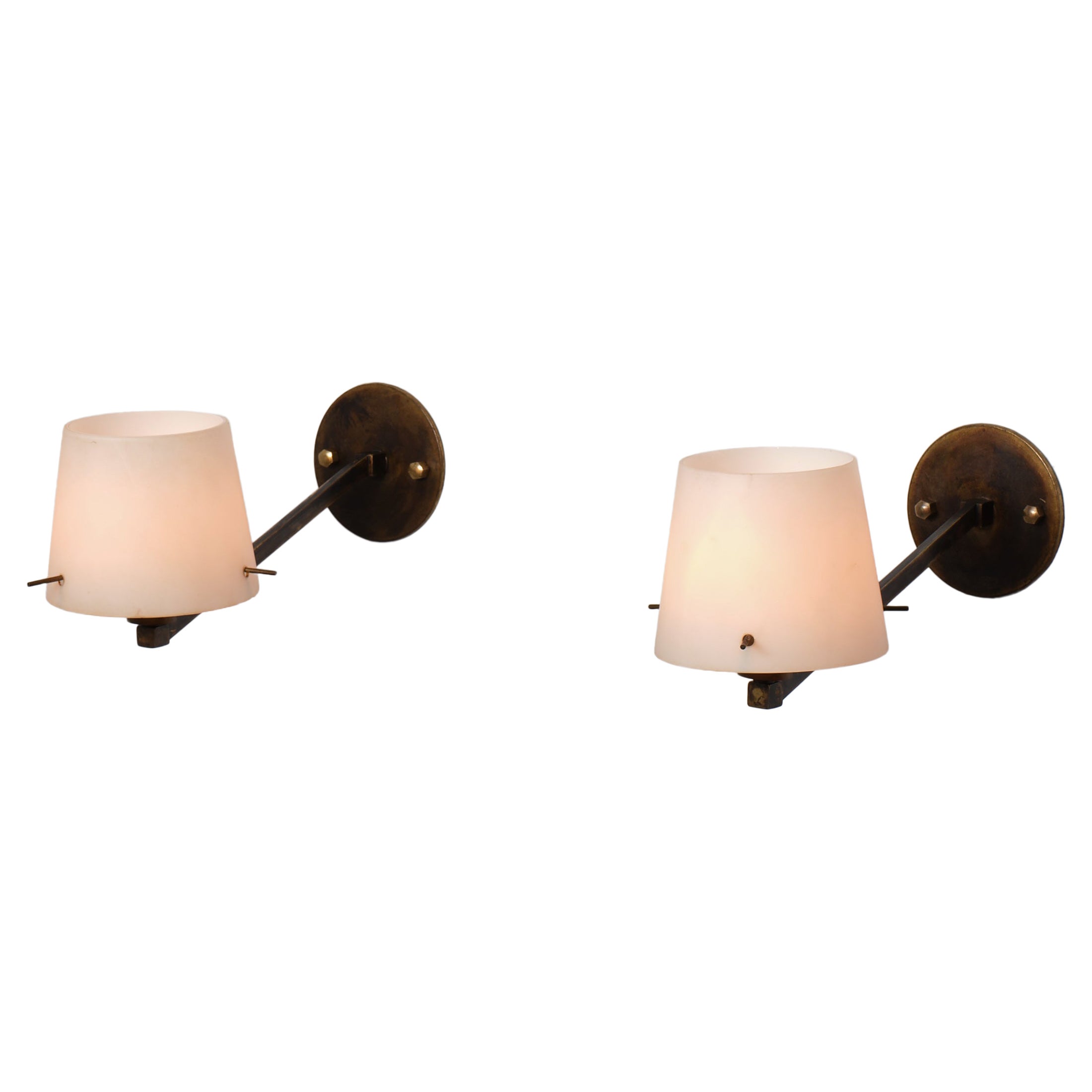 Pair of Italian Brass and Opaline Glass Wall Sconces, 1950s