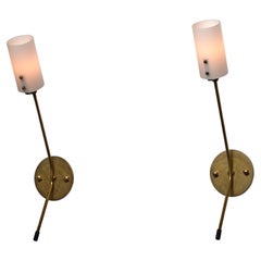 Pair of Italian Brass and Opaline Glass Wall Sconces, 1950s