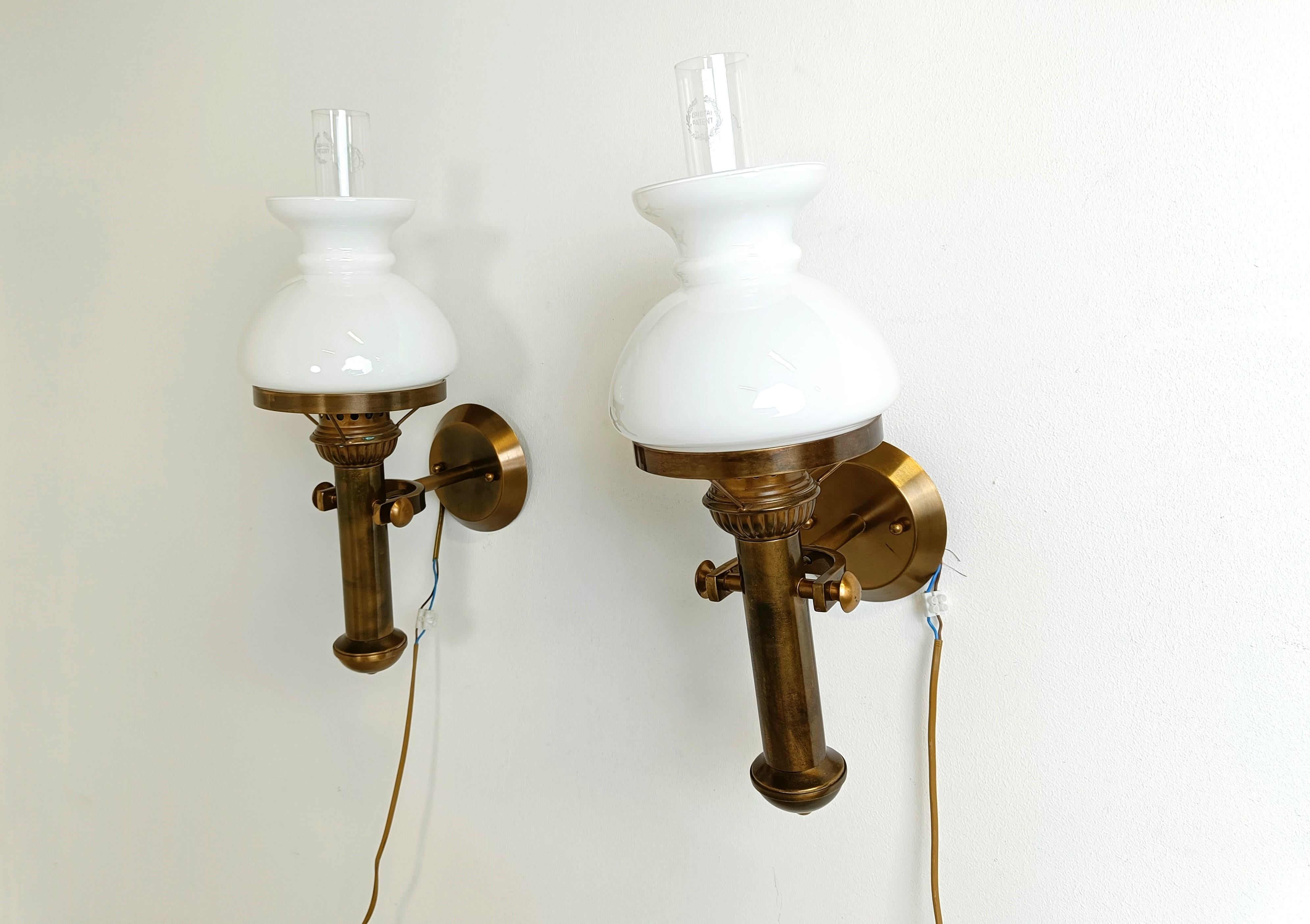 Neoclassical Pair of italian brass and opaline wall lamps, 1960s For Sale