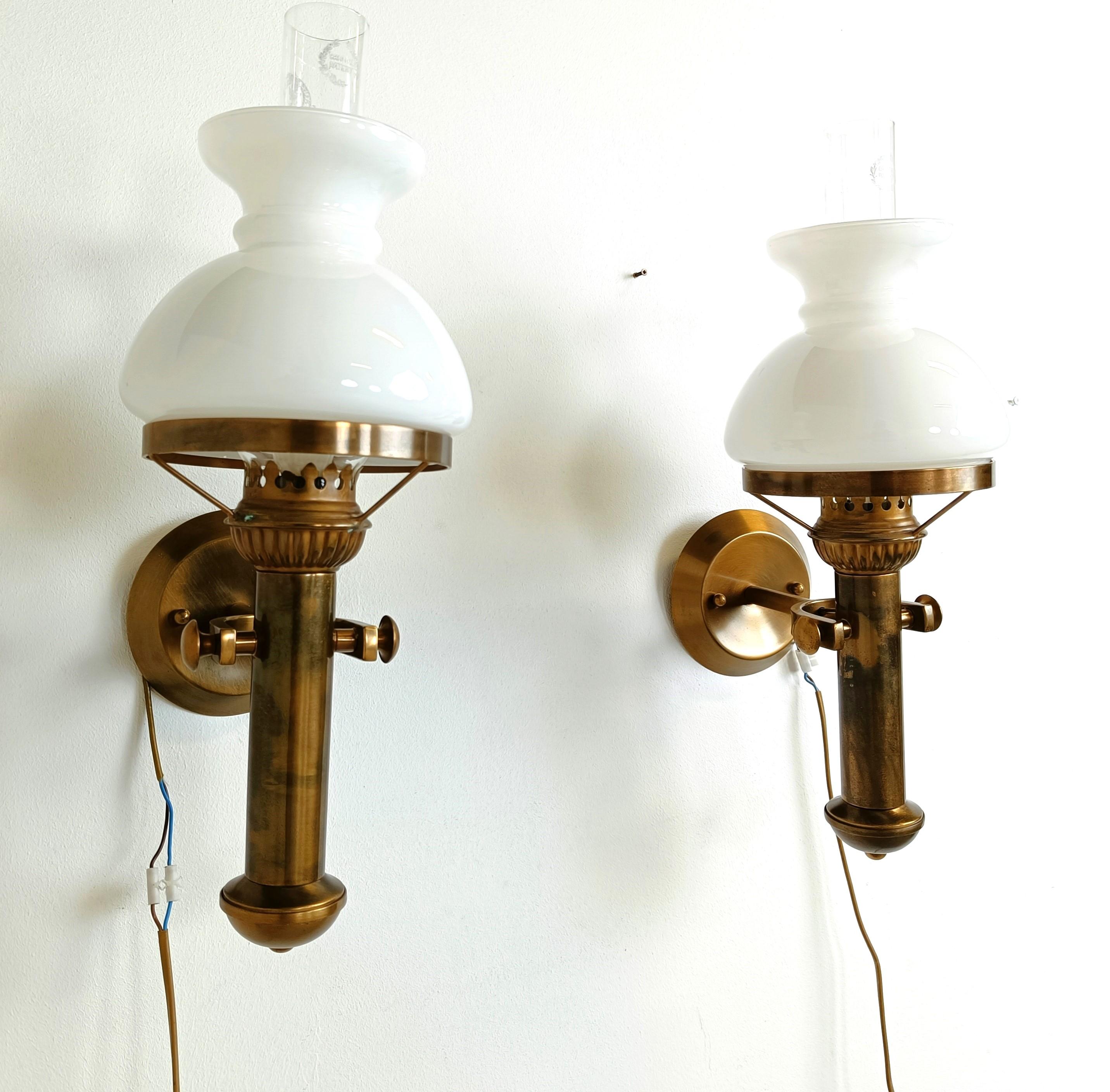 Italian Pair of italian brass and opaline wall lamps, 1960s For Sale