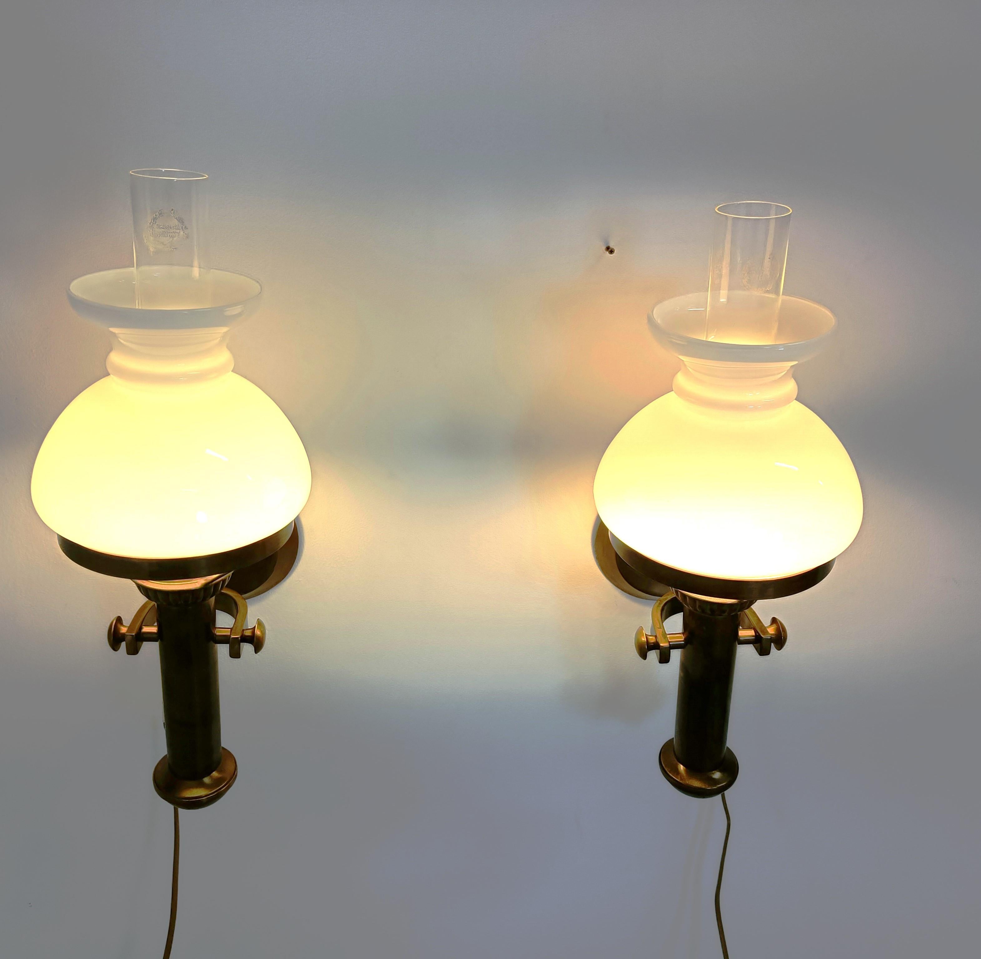 Mid-20th Century Pair of italian brass and opaline wall lamps, 1960s For Sale