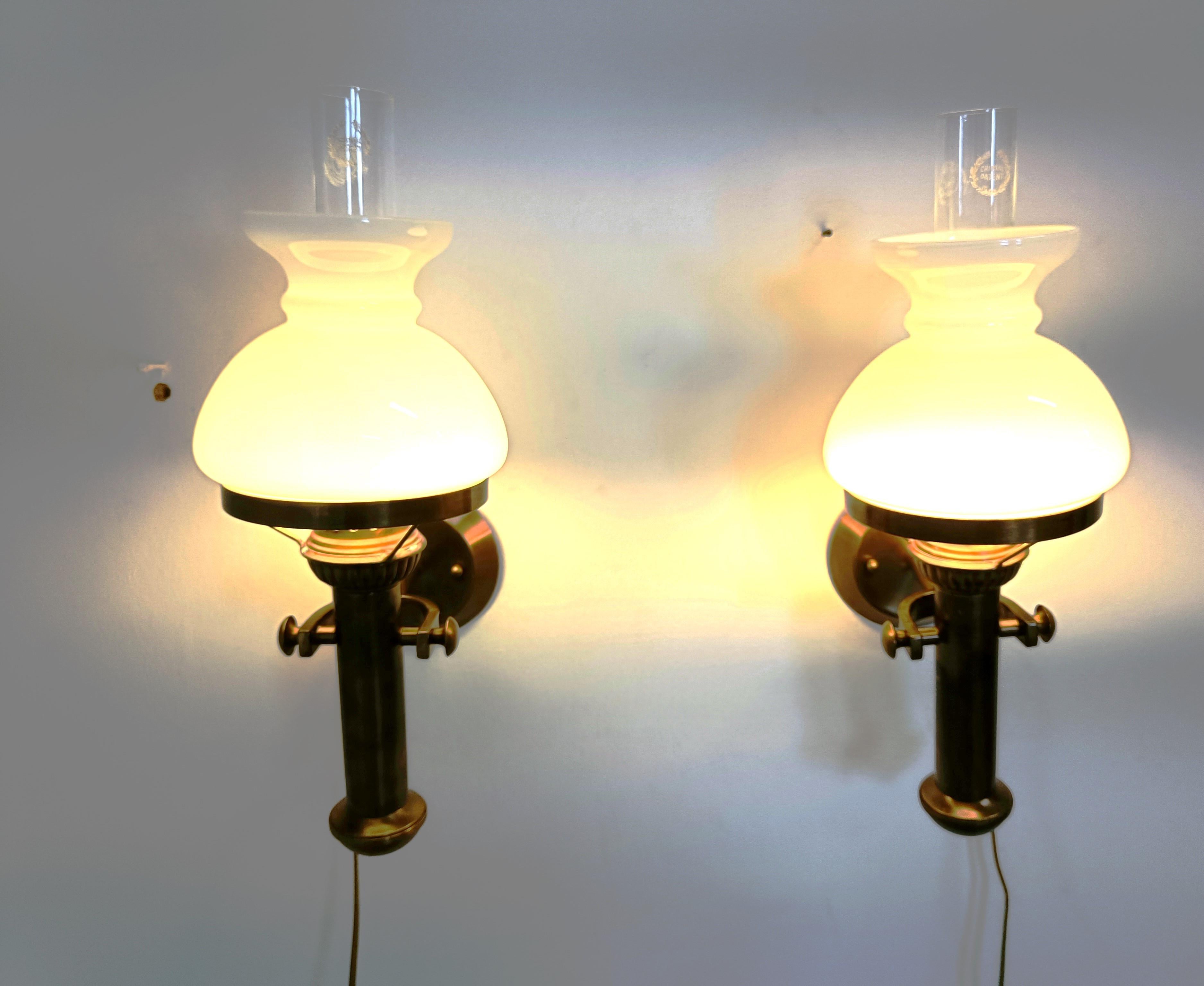 Brass Pair of italian brass and opaline wall lamps, 1960s For Sale