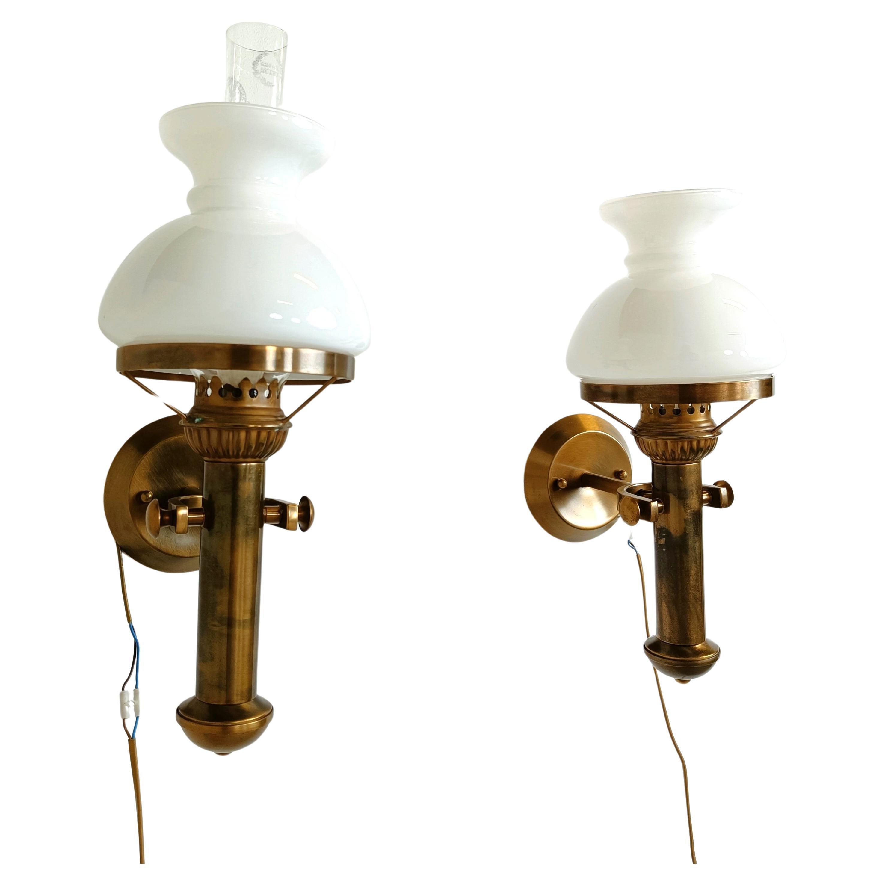 Pair of italian brass and opaline wall lamps, 1960s For Sale