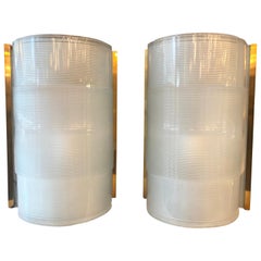 Pair of Italian Brass and Ribbed Glass Wall Lights Sconces