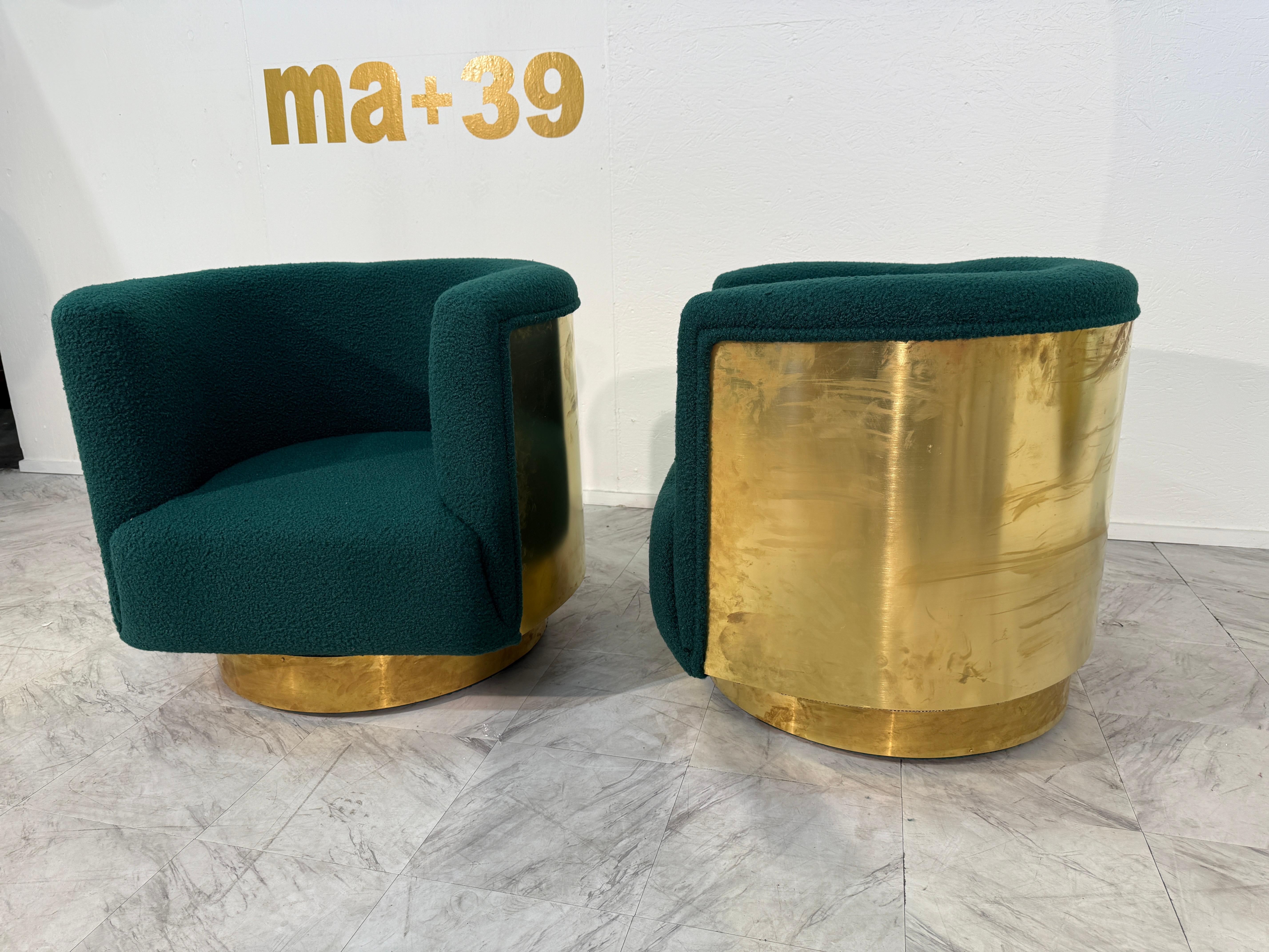 Hollywood Regency Pair of Italian Brass and Turquoise Bouclé Armchairs, 1970s in vendita