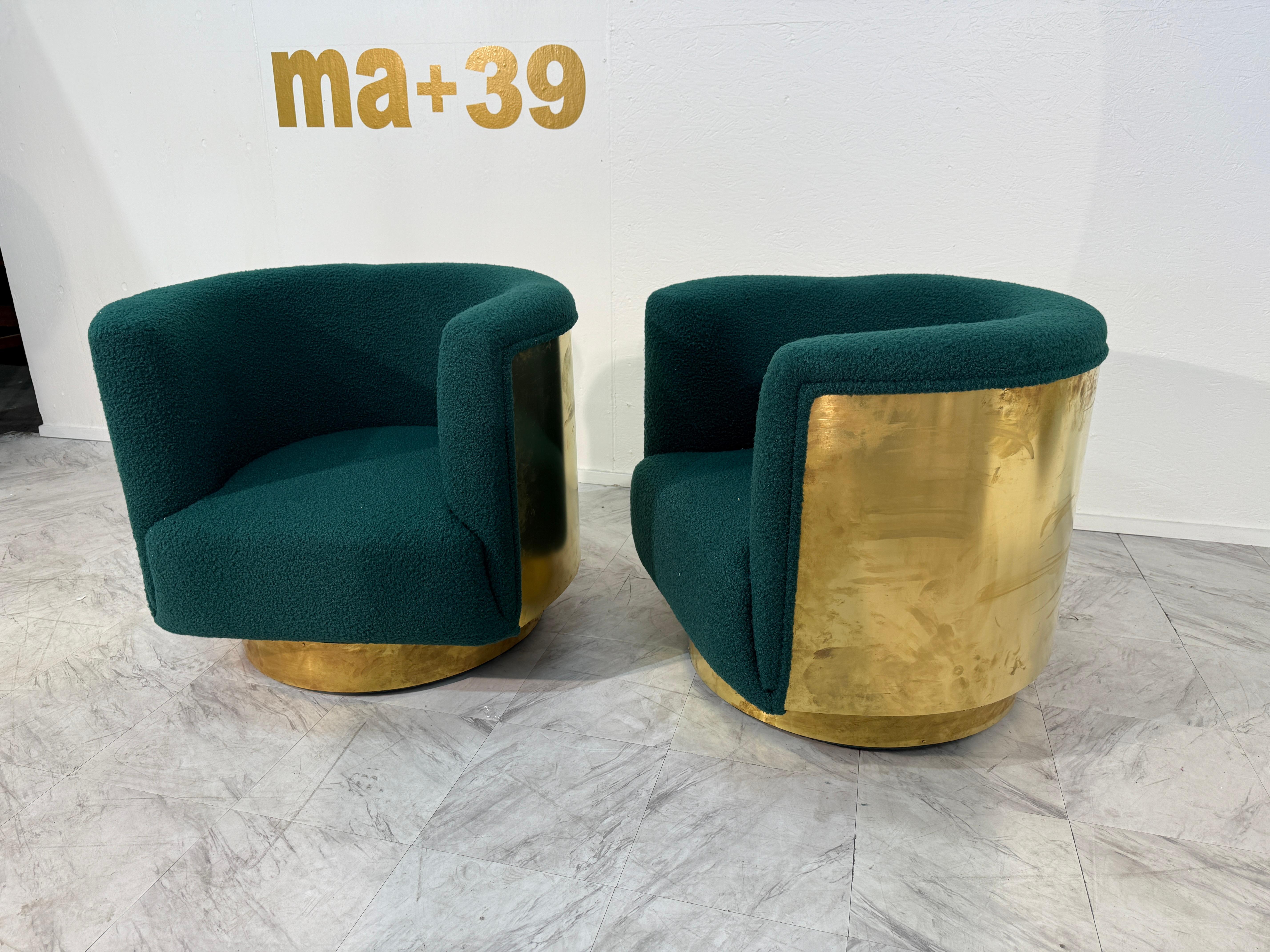Italiano Pair of Italian Brass and Turquoise Bouclé Armchairs, 1970s in vendita