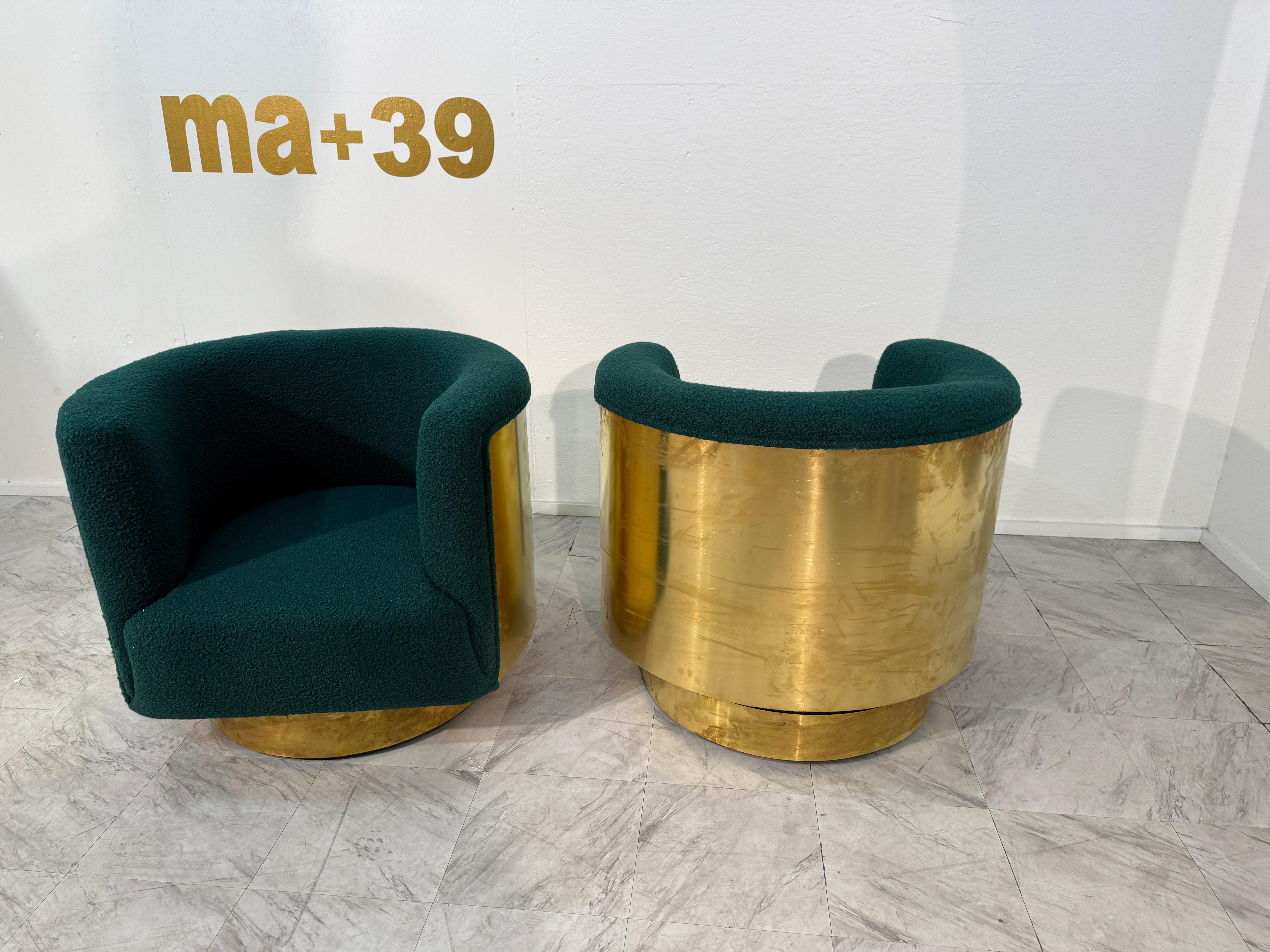 Pair of Italian Brass and Turquoise Bouclé Armchairs, 1970s In condizioni buone in vendita a Los Angeles, CA