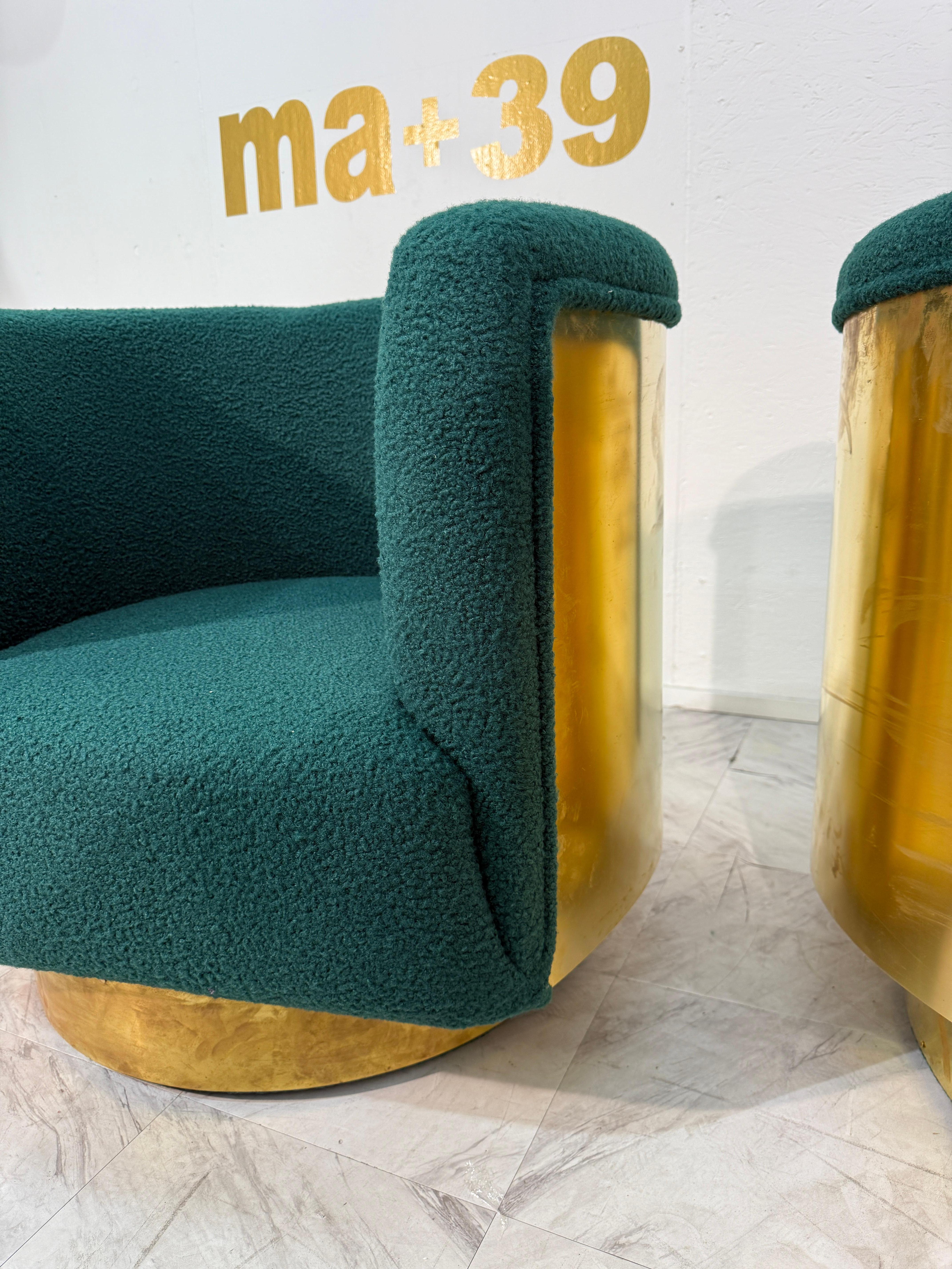 Ottone Pair of Italian Brass and Turquoise Bouclé Armchairs, 1970s in vendita