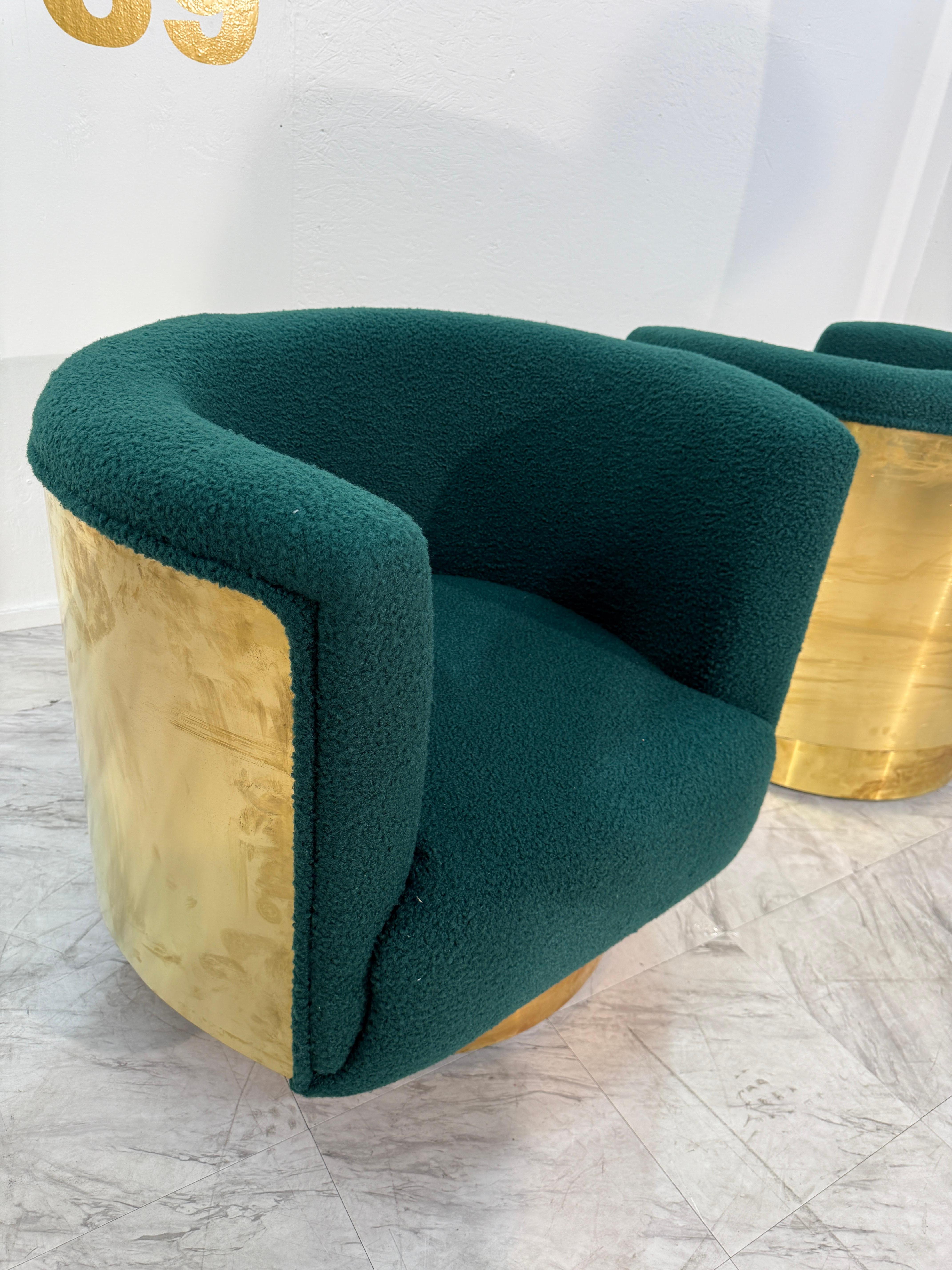 Pair of Italian Brass and Turquoise Bouclé Armchairs, 1970s in vendita 1