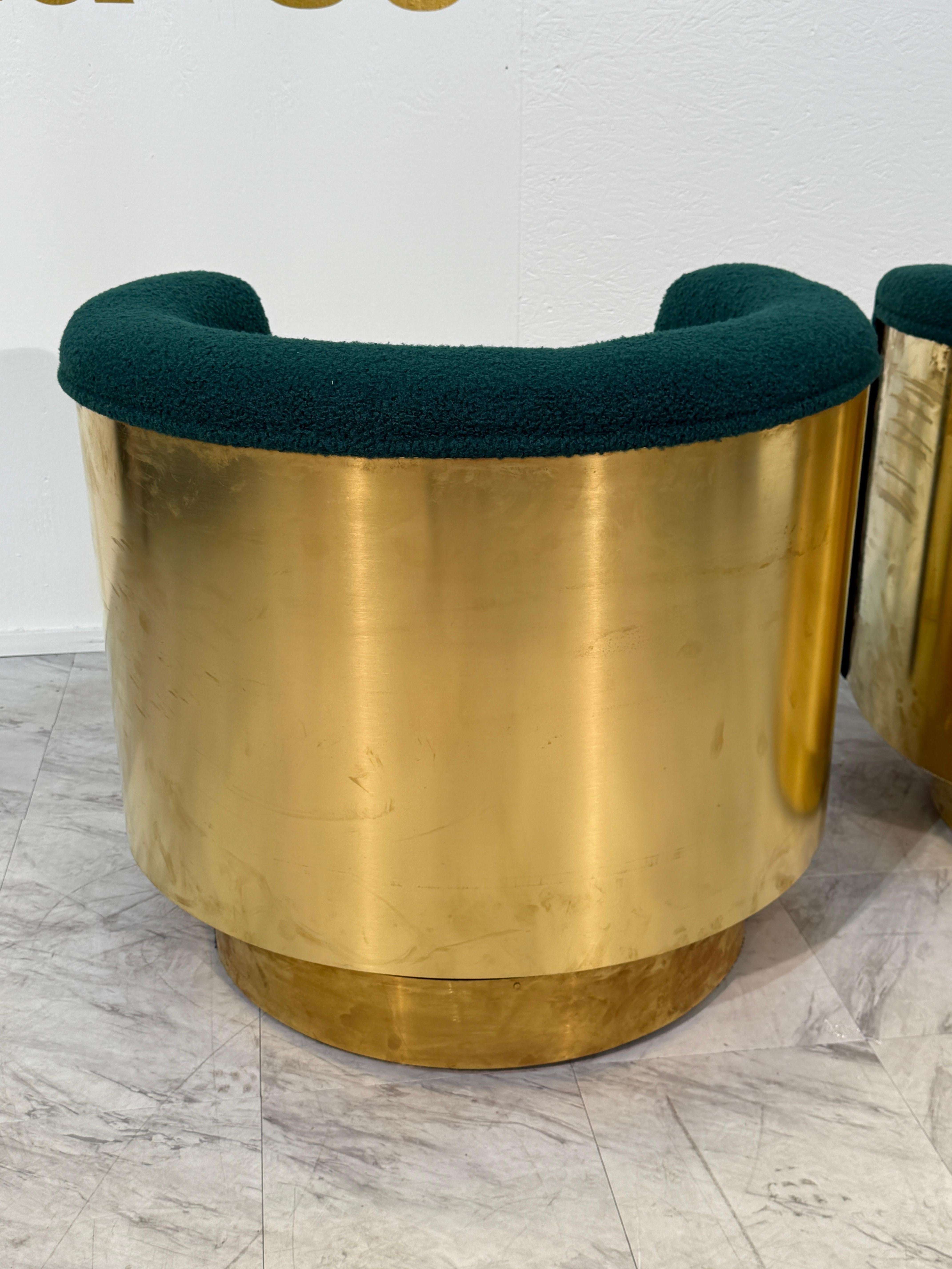 Pair of Italian Brass and Turquoise Bouclé Armchairs, 1970s in vendita 2