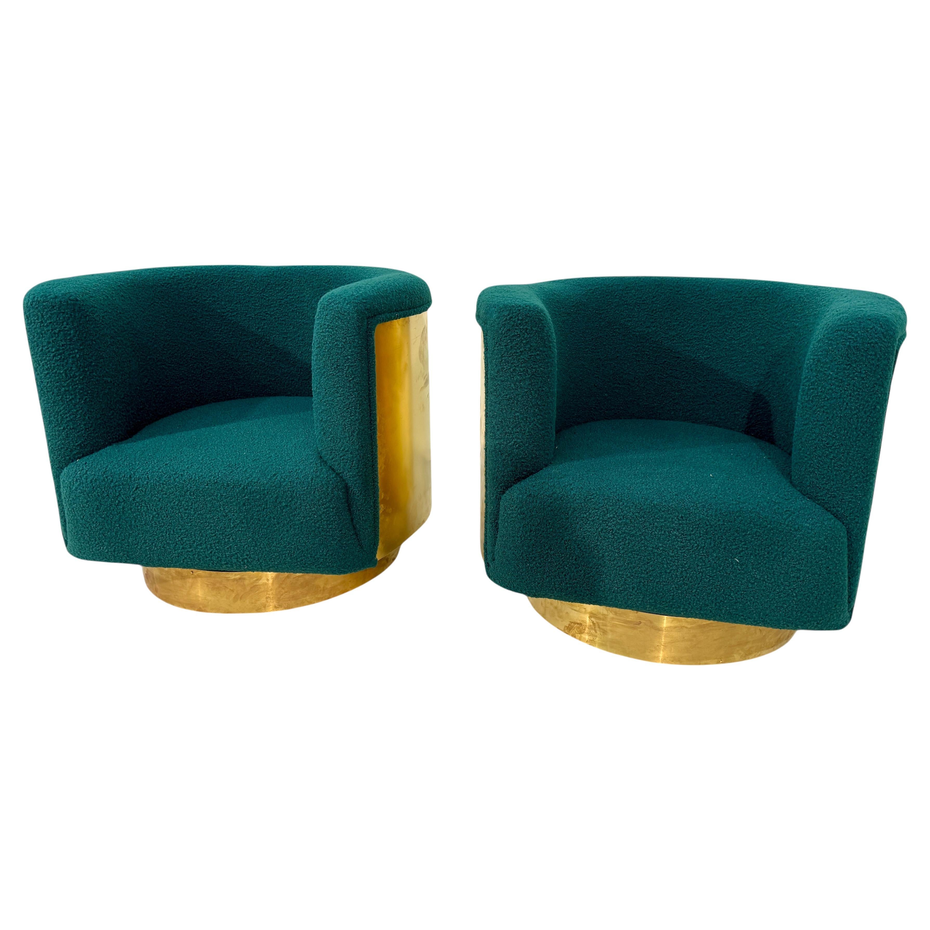Pair of Italian Brass and Turquoise Bouclé Armchairs, 1970s in vendita
