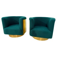 Pair of Italian Brass and Turquoise Bouclé Armchairs, 1970s