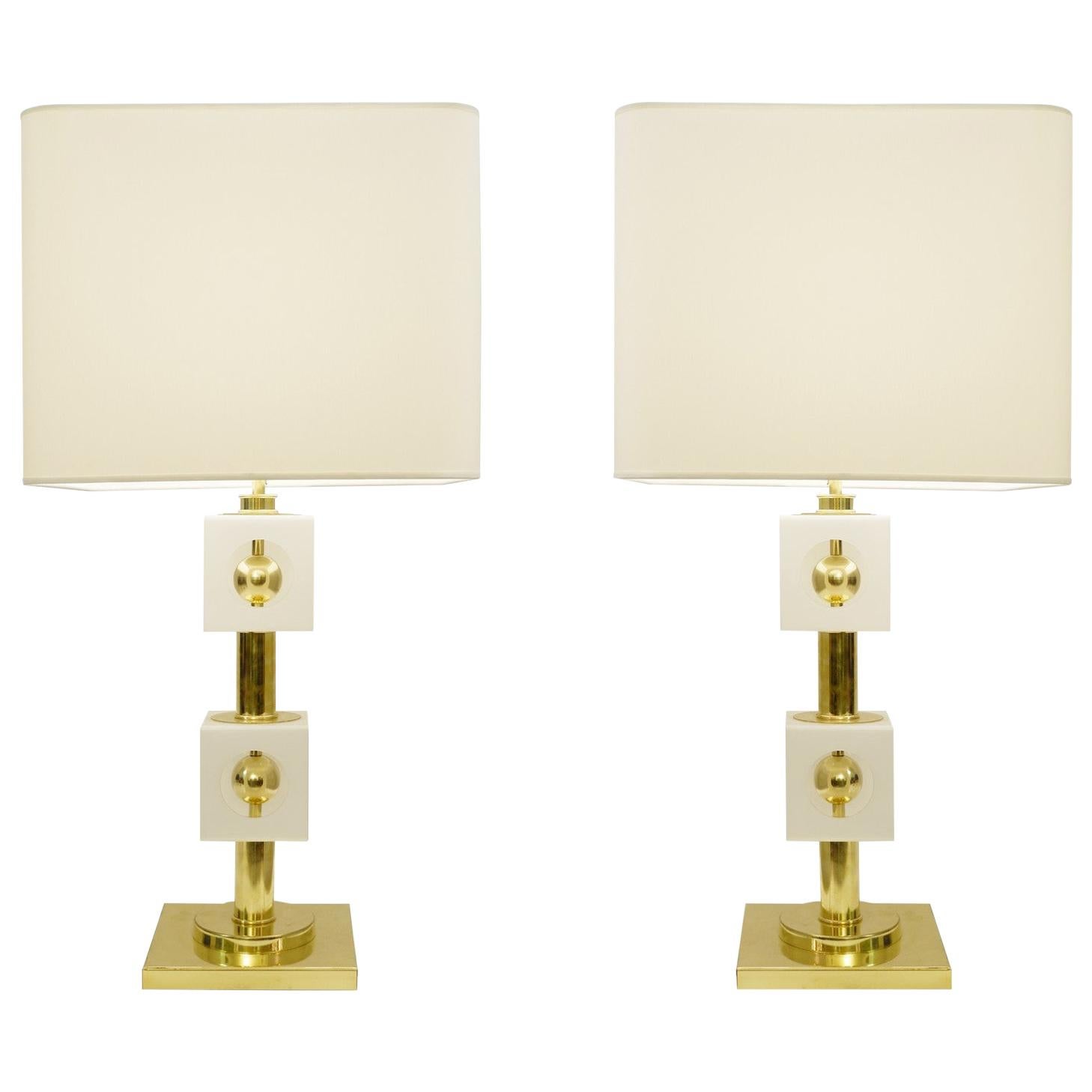 Pair of Italian Brass and White Glass Cubes Table Lamps For Sale