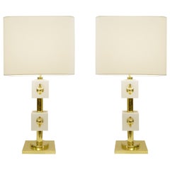 Pair of Italian Brass and White Glass Cubes Table Lamps
