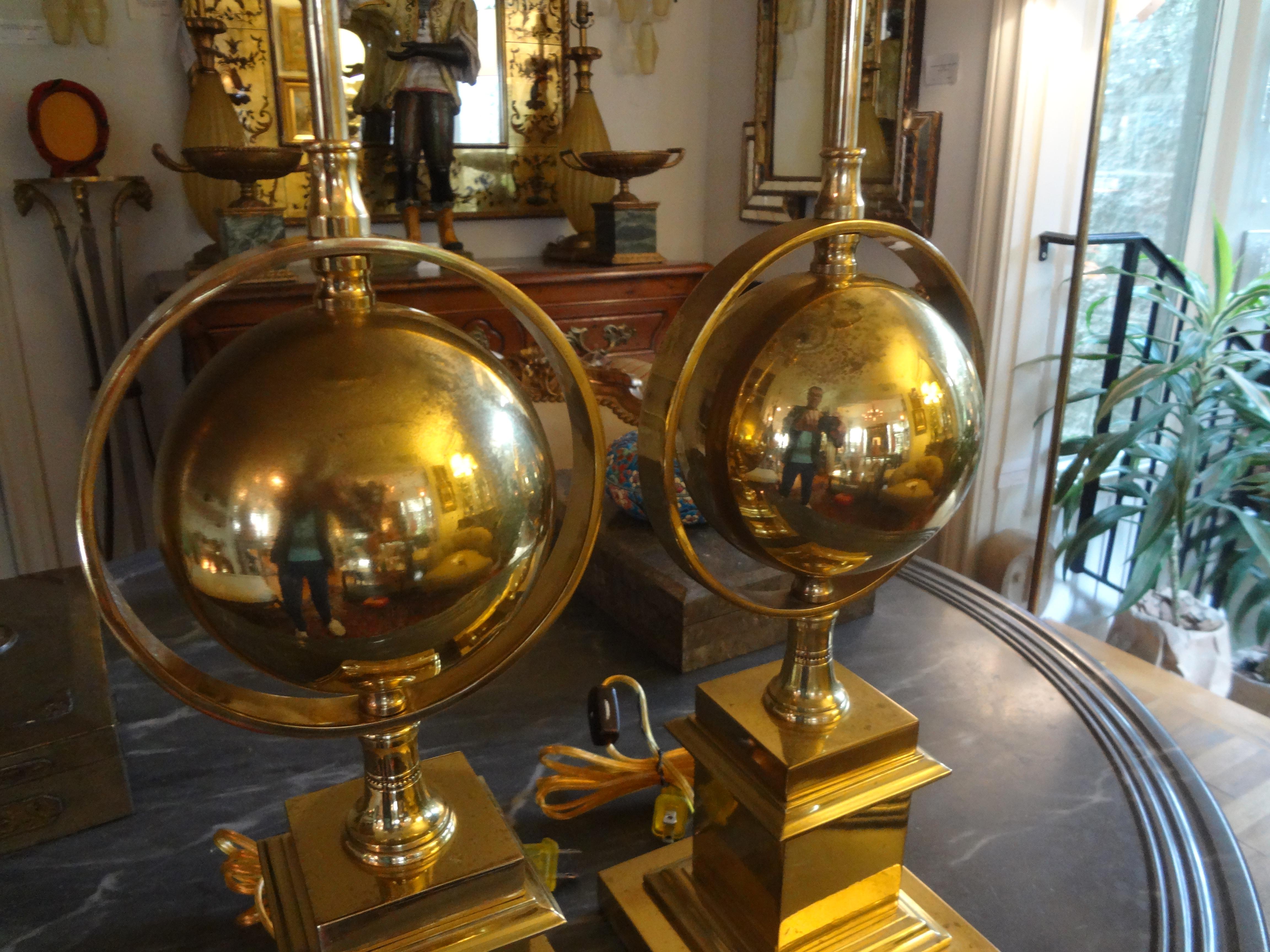 Pair of Italian Brass Armillary Lamps In Good Condition In Houston, TX