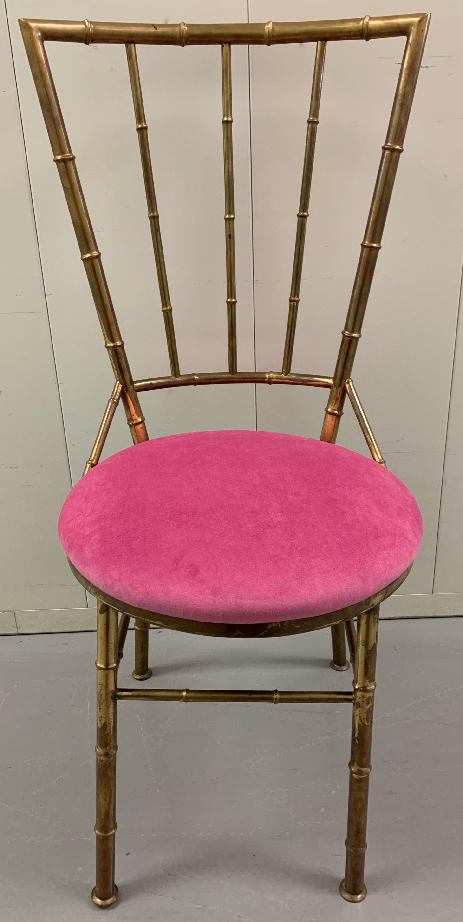 Pair of midcentury Italian brass bamboo side chairs. Newly upholstered in pink velvet fabric. Overall unpolished patina to brass. Stamped ‘Made in Italy’ on the underside.
Seat is 16
