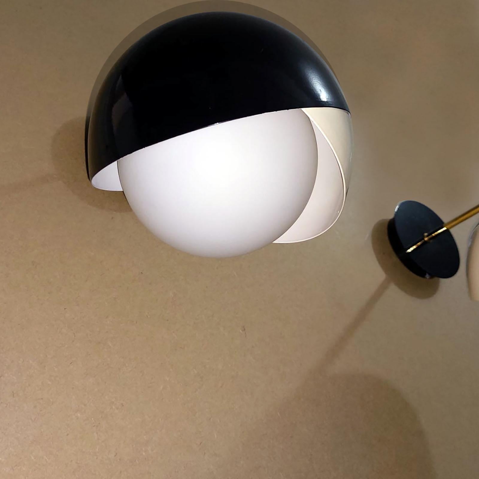 Pair of Italian Brass, Black Lacquer and Satin Glass Adjustable Wall Lights For Sale 3